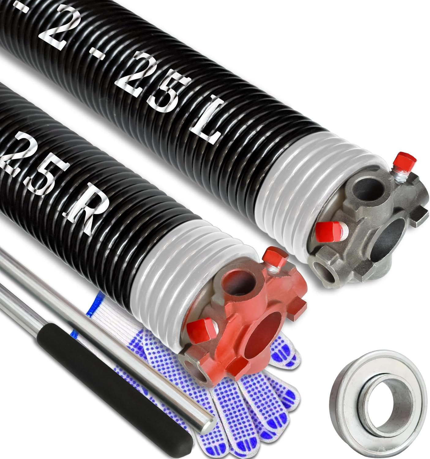 Garage Door Torsion Spring Set, Pair of 2" Electrophoresis Coated Garage Door Spring Replacement with 2 Non-Slip Winding Bars and Bearing, Minimum 16000 Cycles (.218x2x25")