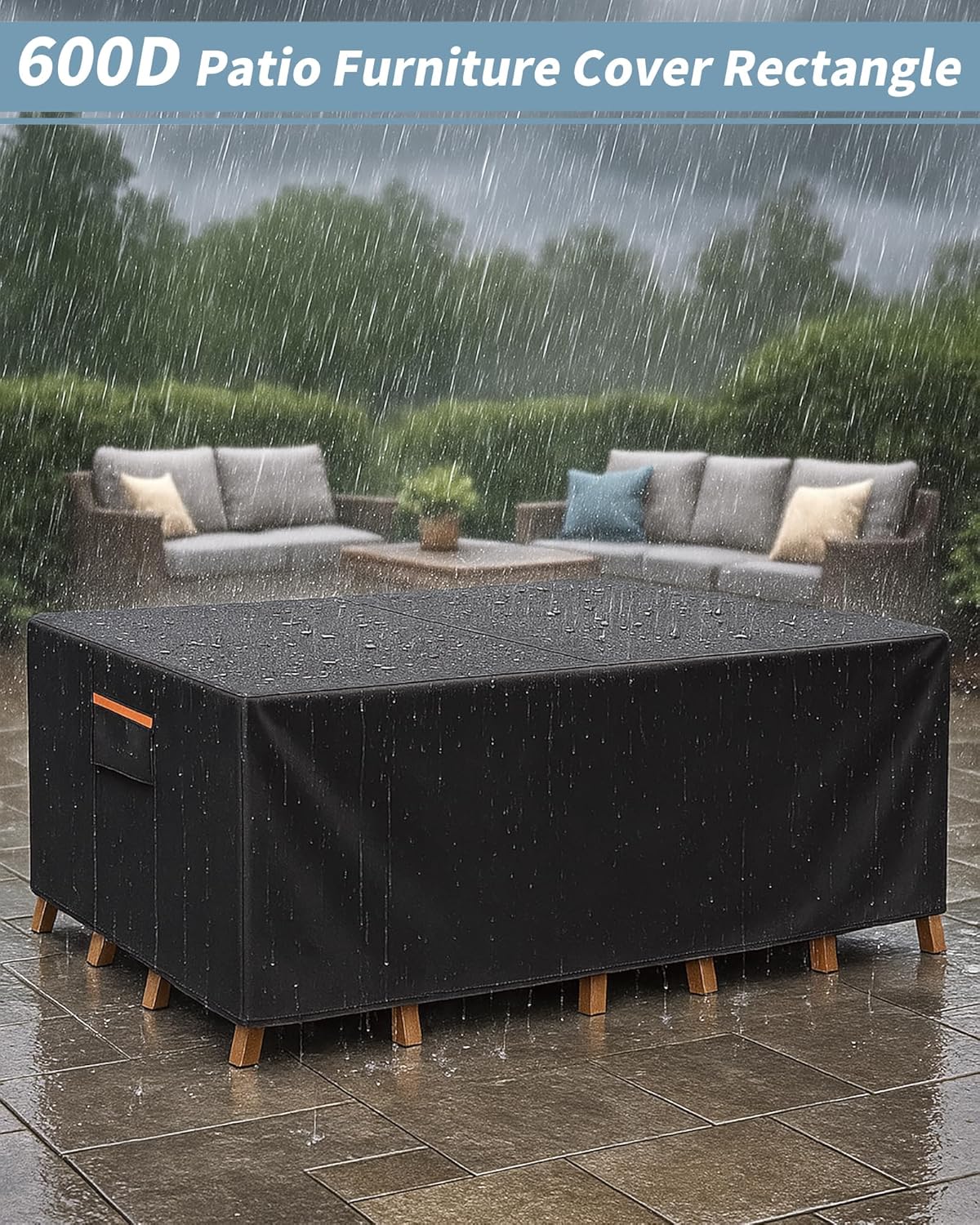 Outdoor Waterproof Furniture Cover, 64W x 52L x 28H inches Heavy Duty 600D Rectangular Table and Chair Set Protection, Black