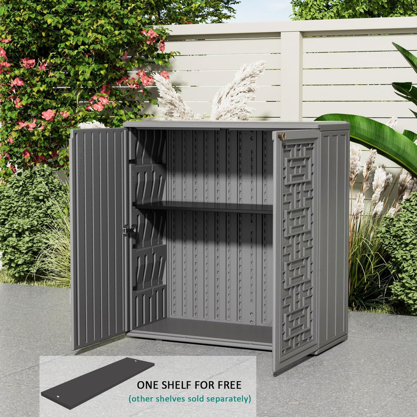 KINYING Outdoor Storage Cabinet Waterproof, Resin 60 Gallon Deck Box for Patio Furniture Cushions, Garden Tools, Pool Tools and Kids’ Toys (Grey with 1 Shelving)