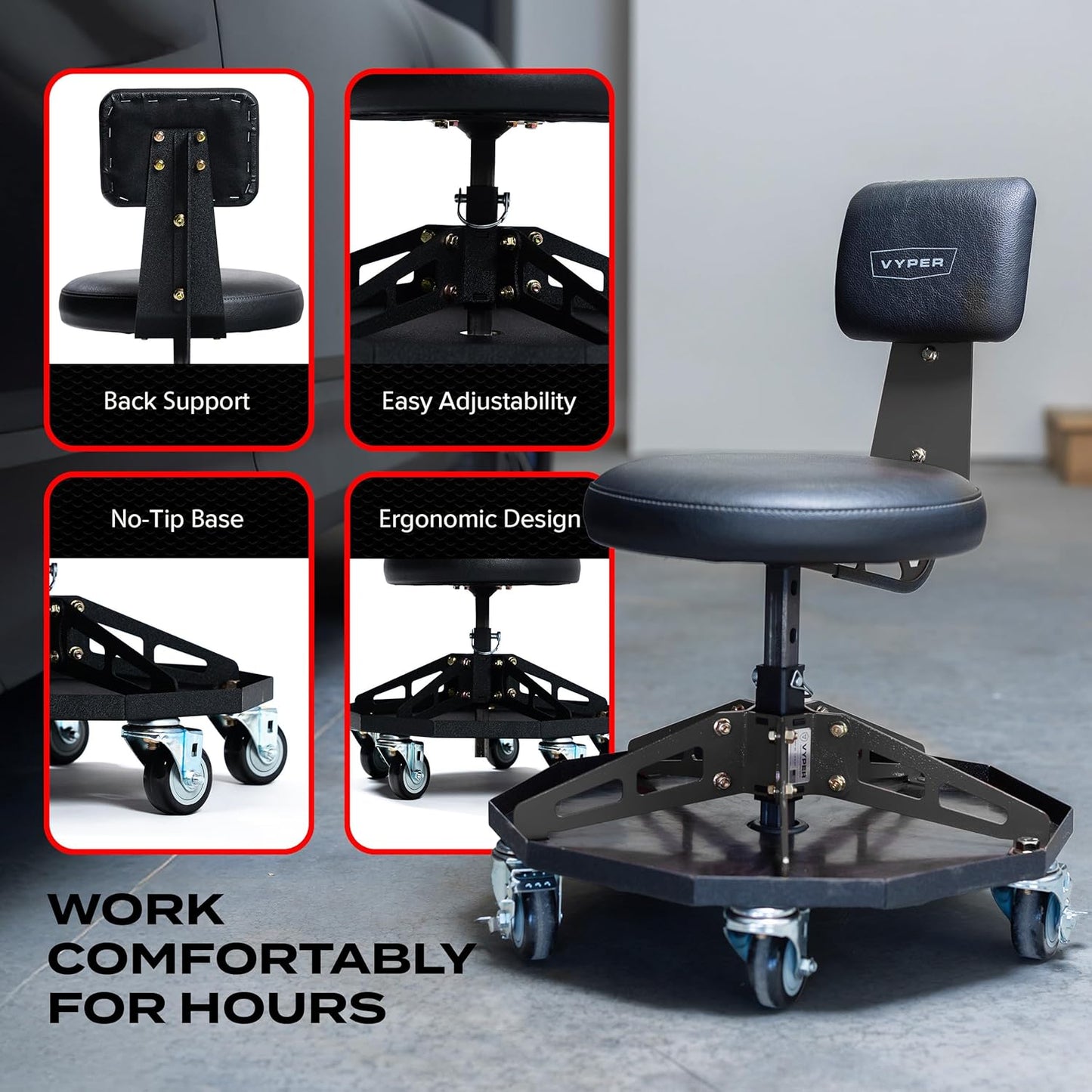 Vyper Robust Steel Sport Shop Chair for Mechanics, Automotive, DIY - 300 lb Capacity Garage Stool with Backrest & Large Wheels (Black Seat, Black Frame)