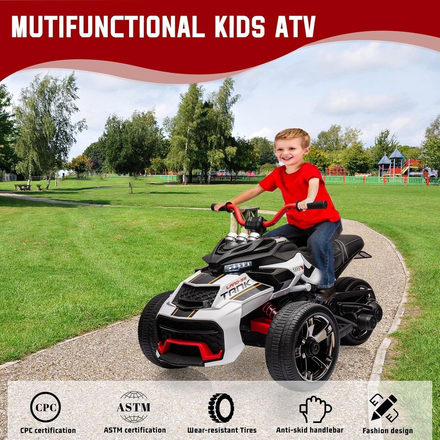 12V Kids Electric Ride-On Car with Parent Remote Control, 7MPH, 2 Speeds, 2x55W Motor, LED Lights, Music, USB & EVA Tires, 3 Wheel Battery Powered Toy Vehicle for Toddlers