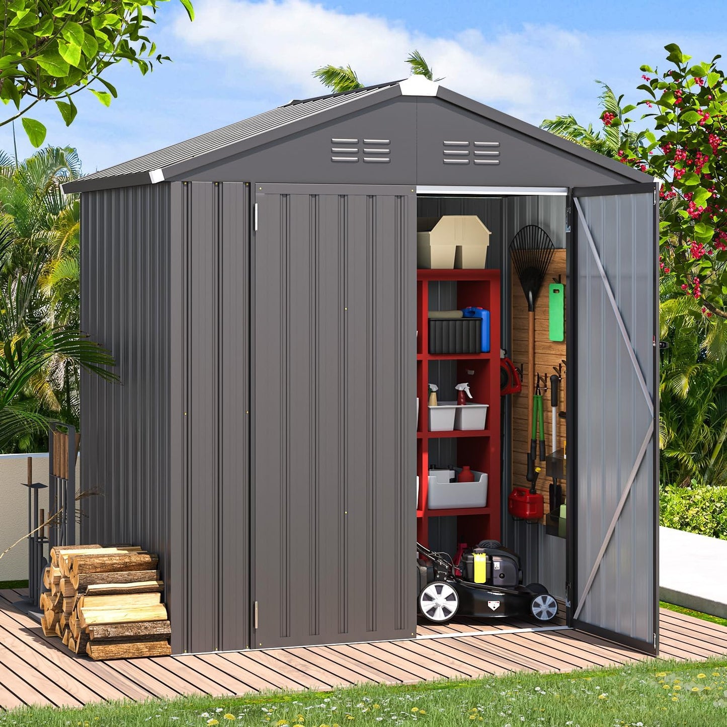 AECOJOY Shed 6' x 4' Storage Shed, Dark Grey Metal Sheds & Outdoor Storage Clearance, Utility and Tool Garden Shed with Lockable Doors for Backyard, Patio, Outside Use