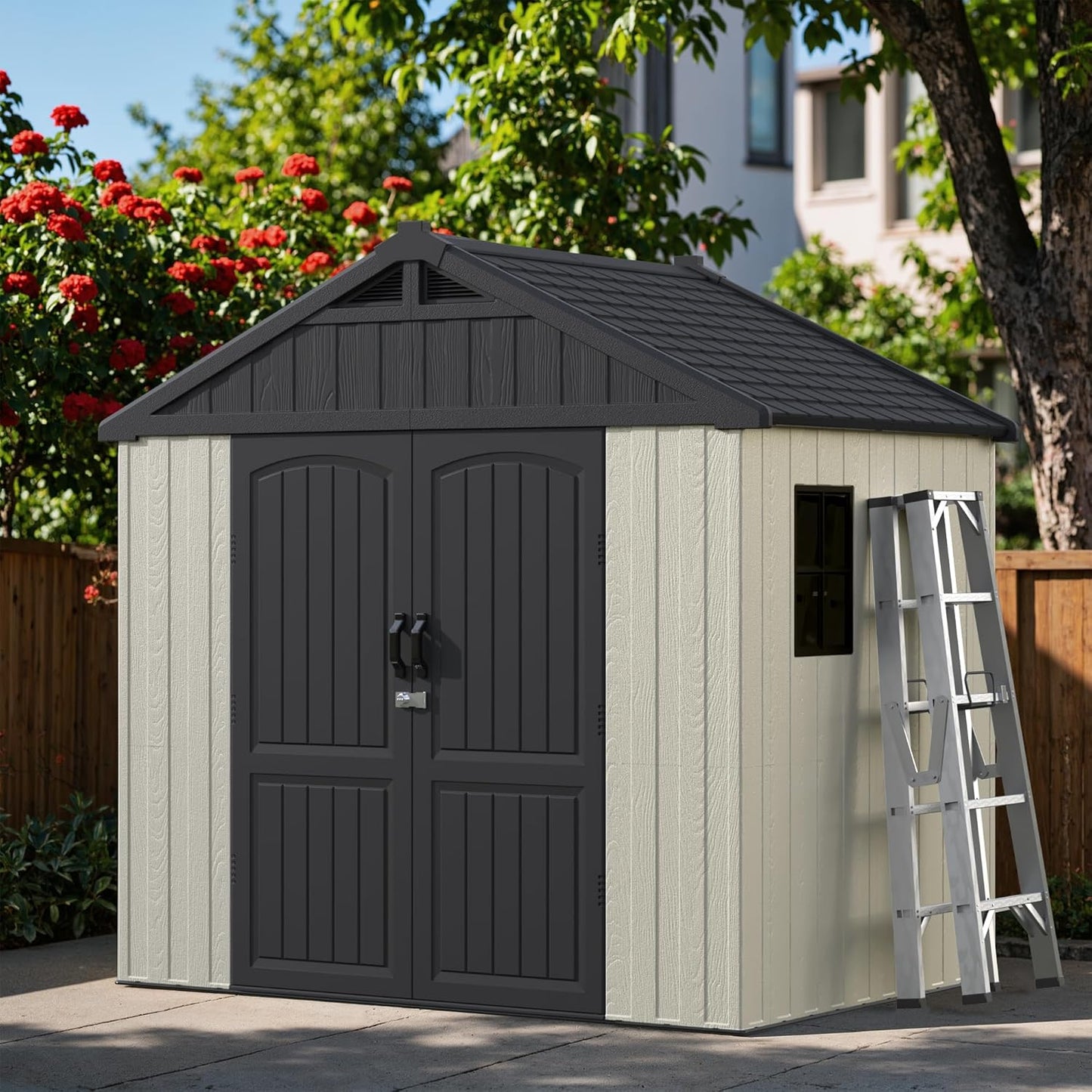 Greesum 8×6 FT Plastic Outdoor Storage Shed with Floor, Resin Sheds with Window and Lockable Door, Weather Resistant Organization for Garden, Lawn, Pool Supplies, Beige