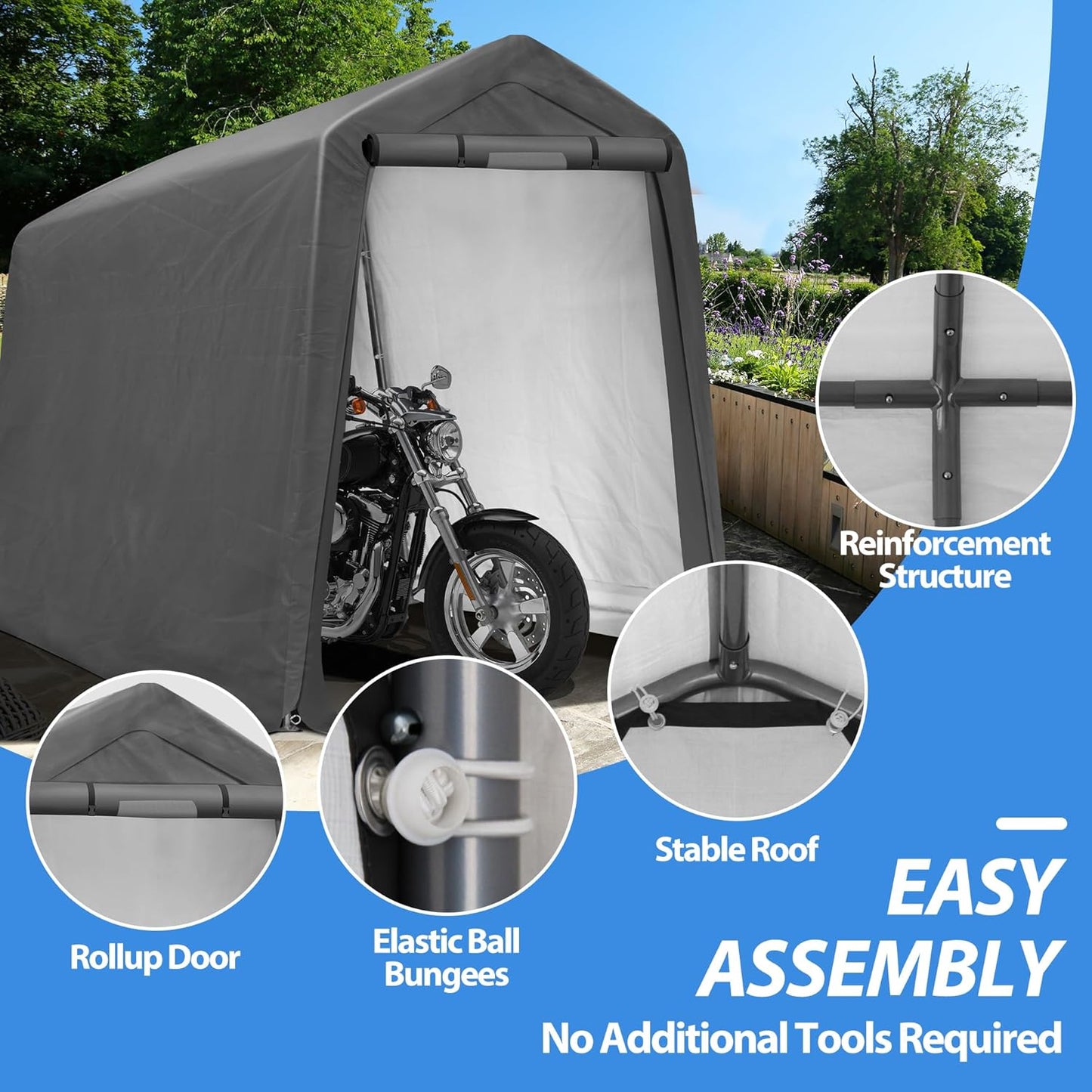 6x7Ft Outdoor Storage Shed, Portable Storage Shed with Roll-up Ventilated Door,Heavy Duty Waterproof Shelter Tent Carport for Motorcycle, Firewood, Garden Tools