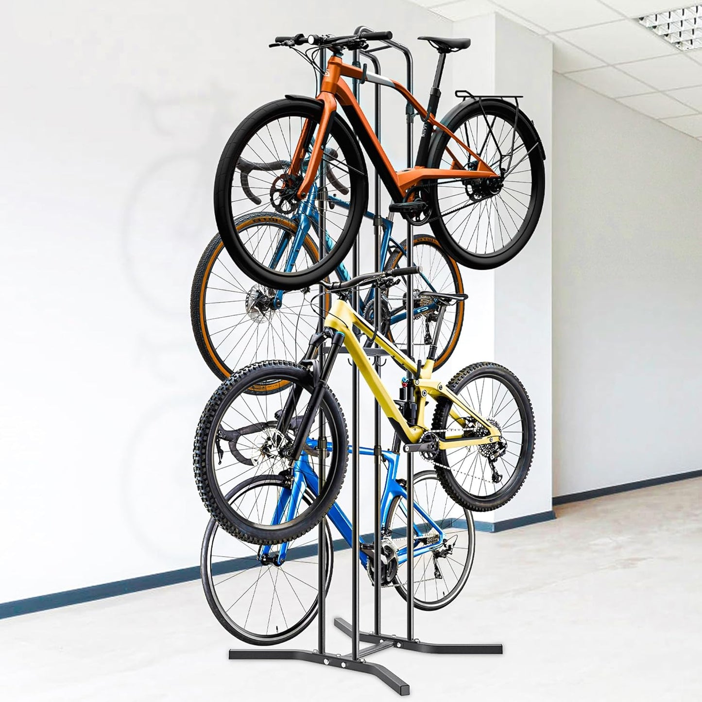 Dolibest 4-Legged Bike Racks Stands with Flexible Hooks, Heavy-Duty Floor Standing Bicycle Rack for Up to 4 Bikes, with 8 Adjustable Height and Angle Hooks, Easy to Install for Any Style Bicycle