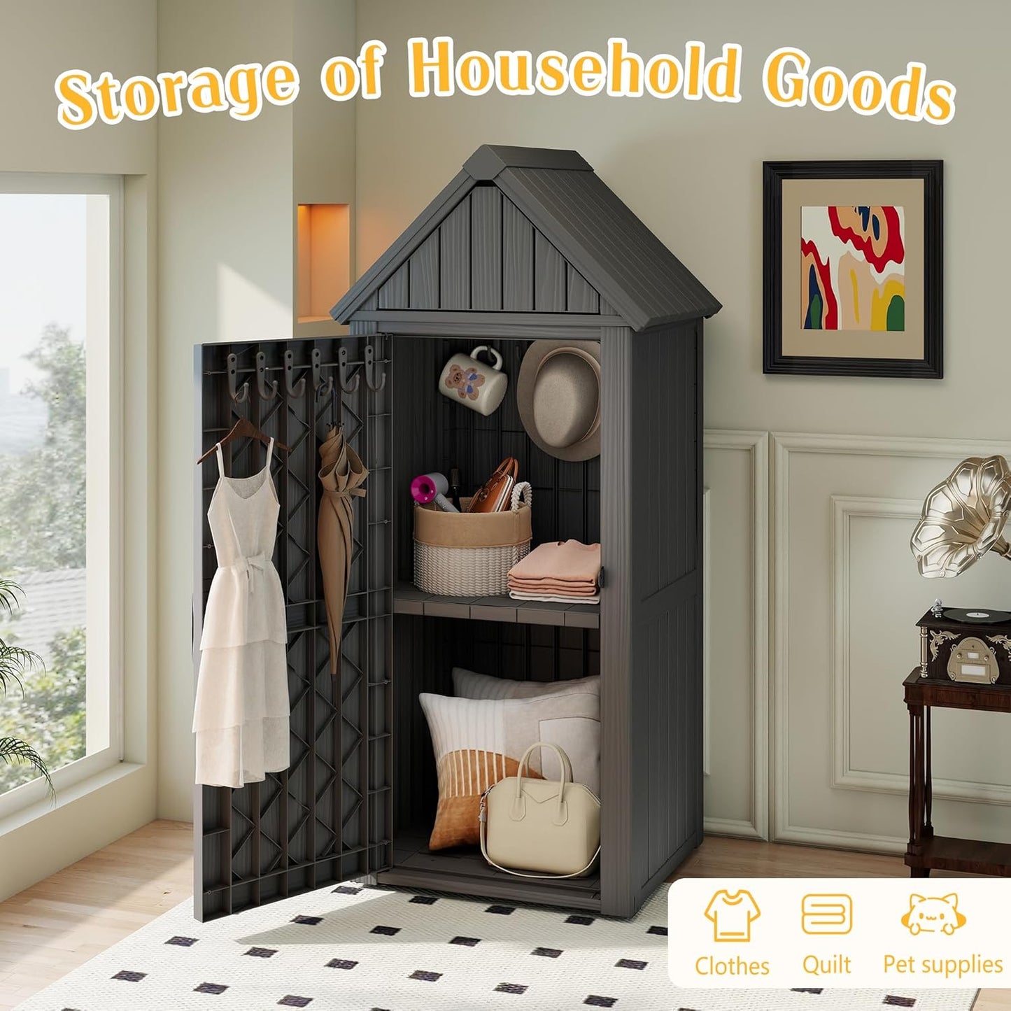 Storage Shed Outdoor Lockable,Waterproof Resin Garden Tool Shed, Heavy-Duty Weather-Resistant Cabinet for Patio, Backyard, or Garage (Black)