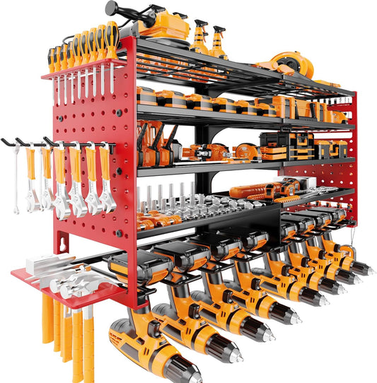 5 Layers Power Tool Organizer Wall Mount, Cordless Tool Storage Rack Holder with 8 Drill Holders, Heavy Duty Garage Wall Tool Shelf for Workshop Tool Room Men Husband Father Gift (Black-Red)