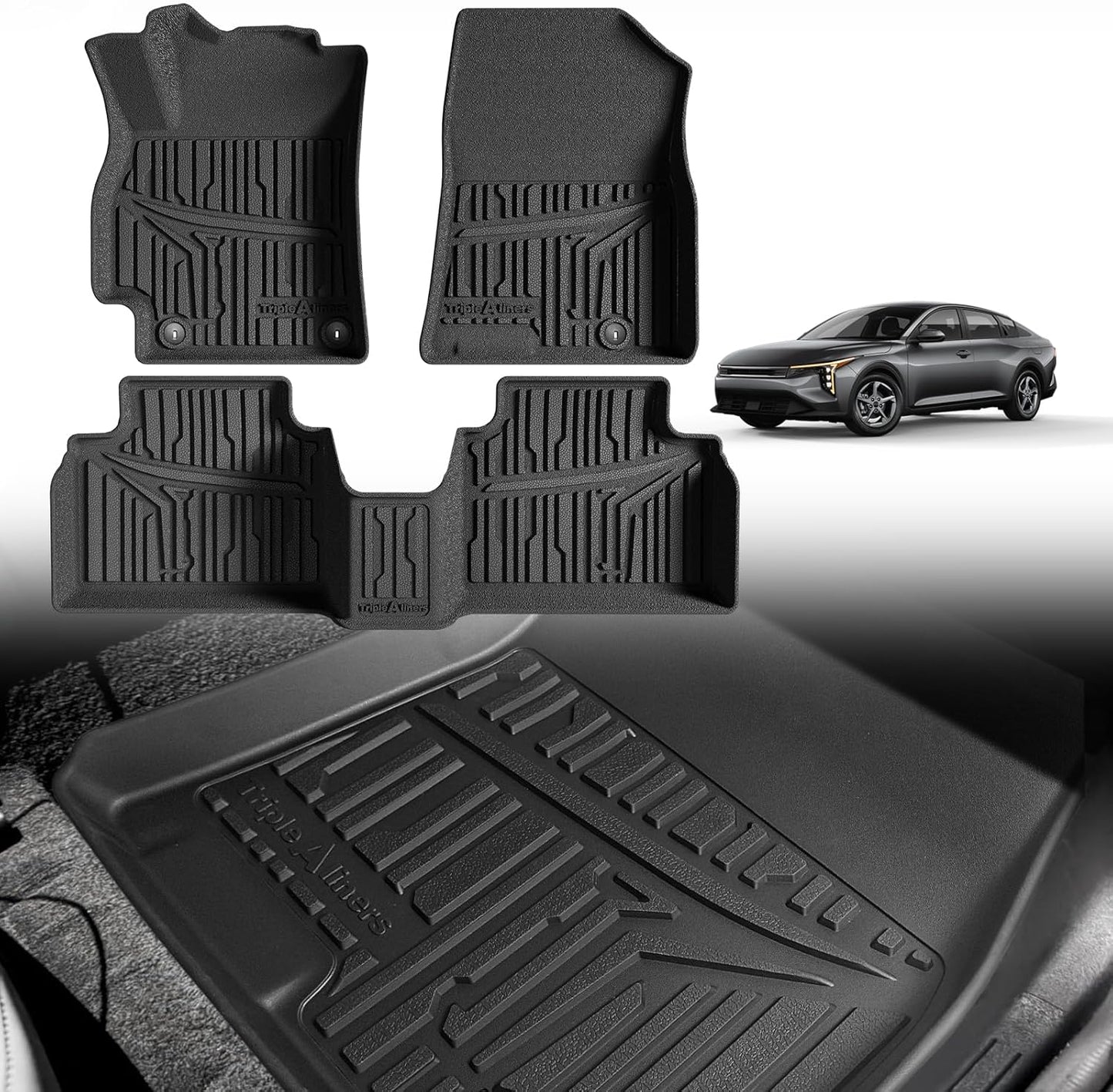 TripleAliners All Weather Floor Mats Compatible with 2024 2025 KIA K4 Accessories 1st & 2nd Row Liners TPE Full Coverage Protection Waterproof Car Floor Liners