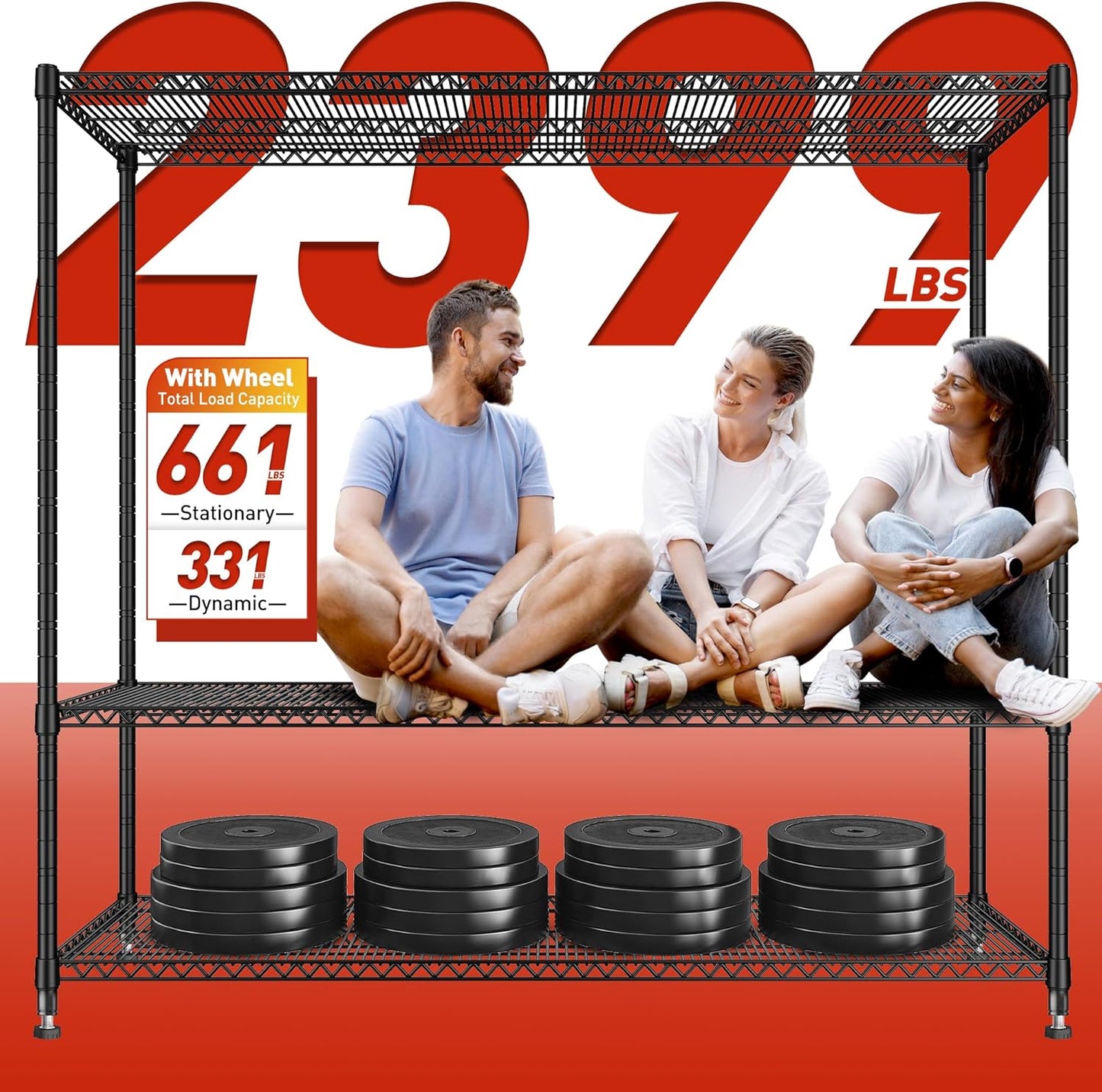 REIBII 60''W Storage Shelves 2399LBS Garage Shelving Heavy Duty with Wheels & Feet, 4 Tier Wire Shelving Adjustable Metal Shelving for Pantry Garage Kitchen Commercial Industrail, 60"W x 18"D x 65.5"H