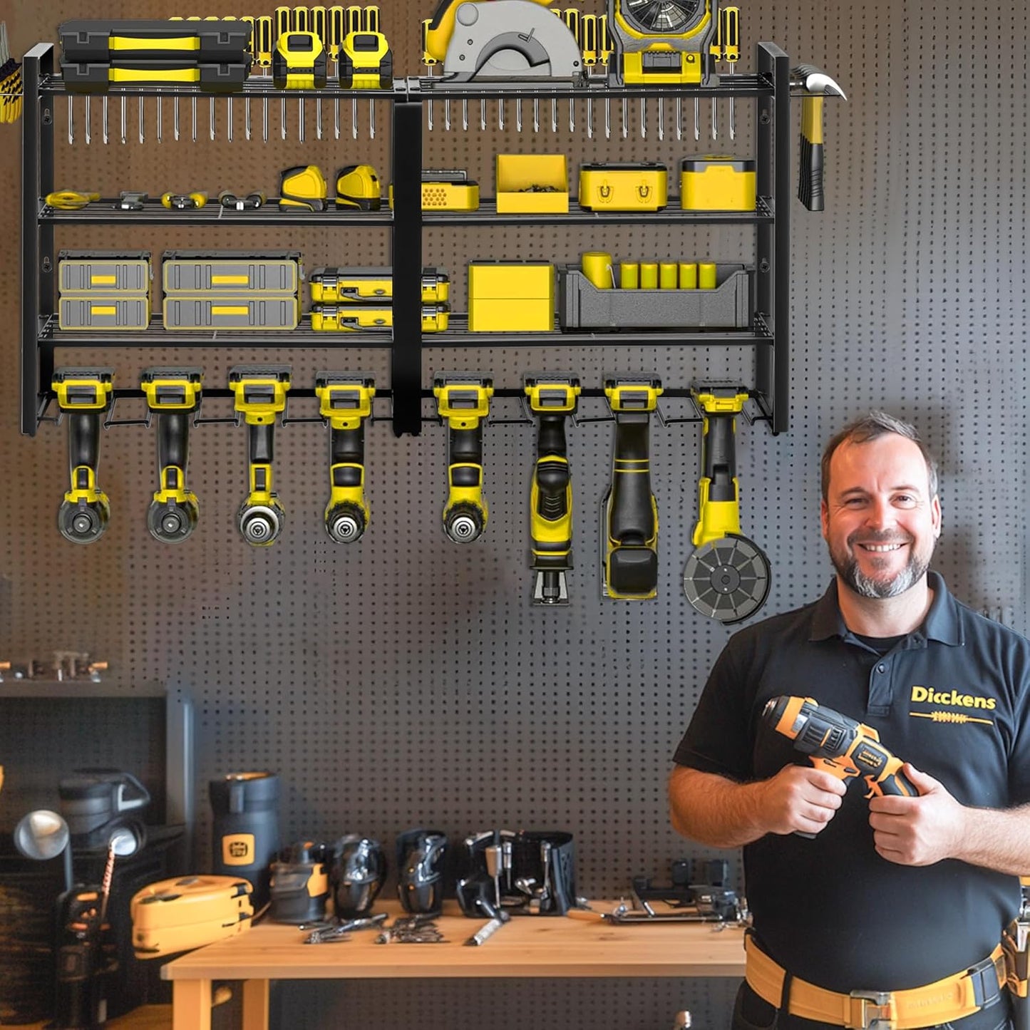 Metal Power Tool Organizer,Space-Saving Wall-Mounted Power Tool Rack,Holds 8 Drills + 4-Tier Storage,Durable Steel Construction for Garage, Workshop and Shed Organization