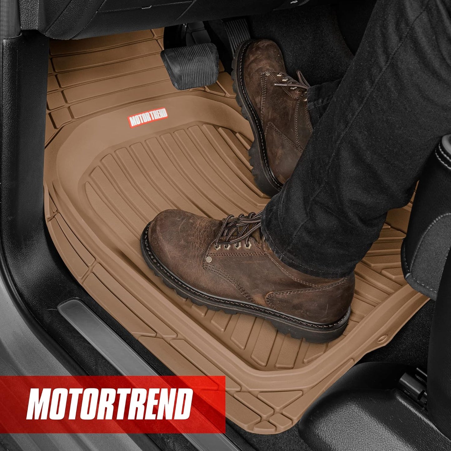 Motor Trend FlexToughXL Floor Mats for Cars Full Set, All-Weather Rubber Automotive Floor Mats, Waterproof Heavy Duty Car Mats, Flexible Floor Liners for Car Truck Van SUV, Car Floor Mats (Beige)
