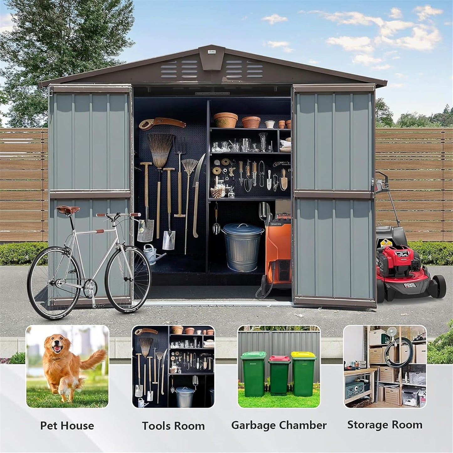 IKERY Metal Storage Shed 8.2' x 6.2' with Double Lockable Doors & Air Vents - Utility Tool Shed for Backyard, Patio, Garden - Brown