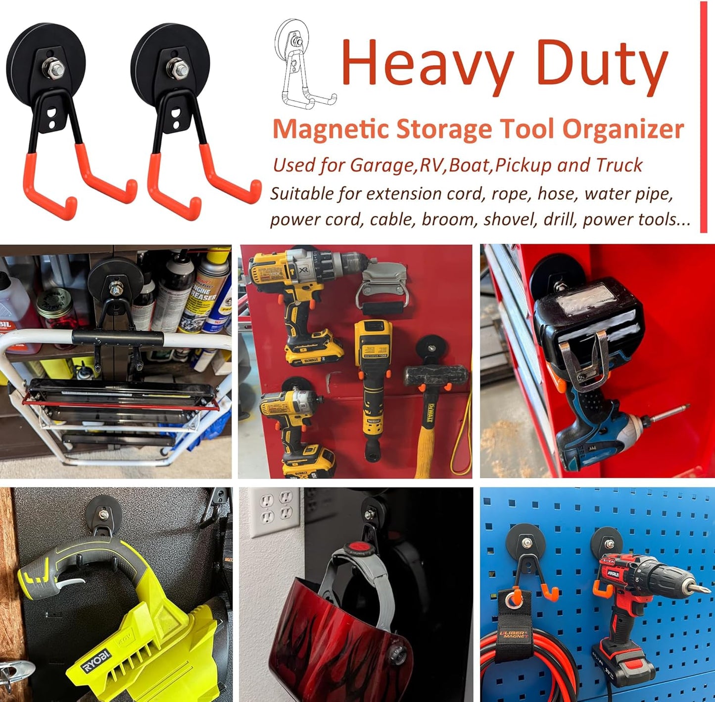 ULIBERMAGNET Heavy Duty Large Garage Magnet Hooks, 3 Pack Strong Storage Utility Magnetic Hooks with Anti-Slip Coating for Pegboard,Garage Shelve Hanging (Orange)