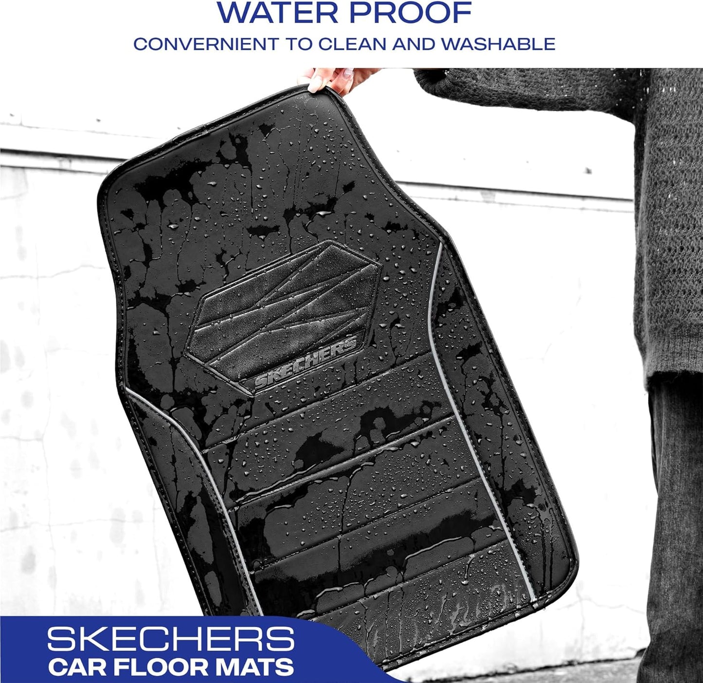 Skechers Memory Foam Car Mats,Leather Piping Floor Mats with Anti-Slip Pad,Universal Waterproof Fit Automotive Floor Mats for SUV,Vans,sedans,Trucks,Full Set 4pcs Grey