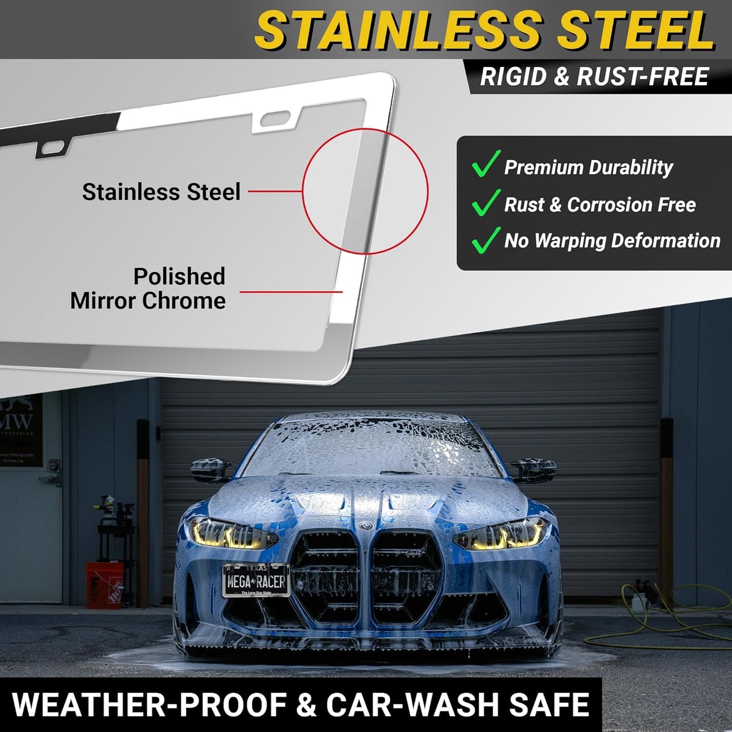 Premium Slim Polished Mirror Chrome License Plate Frames – 2 Pack, Rust-Free Stainless Steel, Rattle-Free & Street Legal Universal Fit with Screw Covers, Thin Silver Metal Front & Rear Car Tag Holders