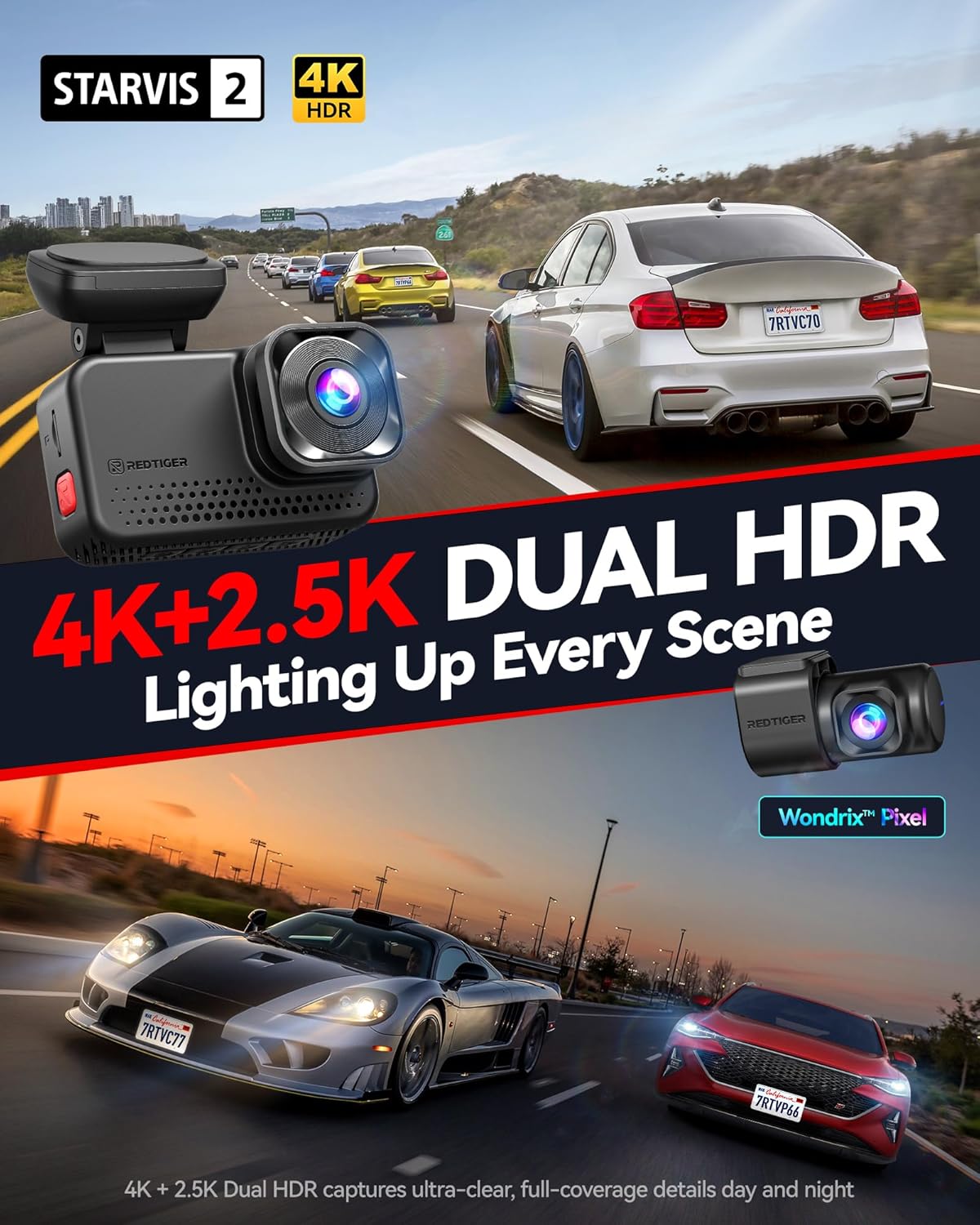 REDTIGER ViewClear 70 4K+2.5K Dash Cam Front and Rear, STARVIS 2 IMX678 x Wondrix™ Sensor, Dual HDR Hyper Night Clarity, 5.8GHz WiFi 6, 30MB/S Fast Download, Dash Camera with 24H Parking Monitor