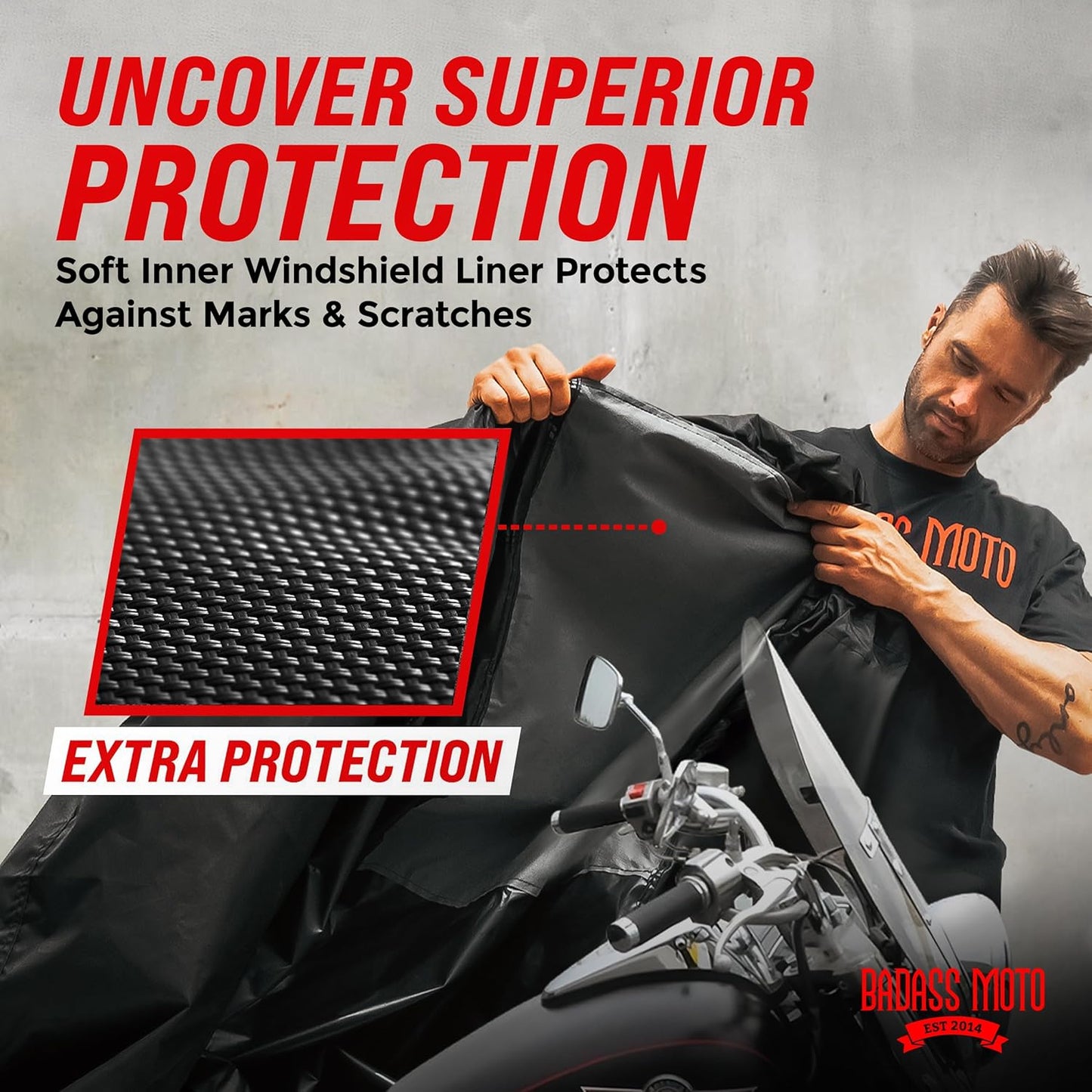 Badass Moto Ultimate Motorcycle Cover Waterproof Outdoor Heavy Duty Durable All Season Storage Harsh Weather Sun Rain Cover fits Harley Davidson Street Glide, Vulcan, Shadow, Cruiser Bikes. Large 97L