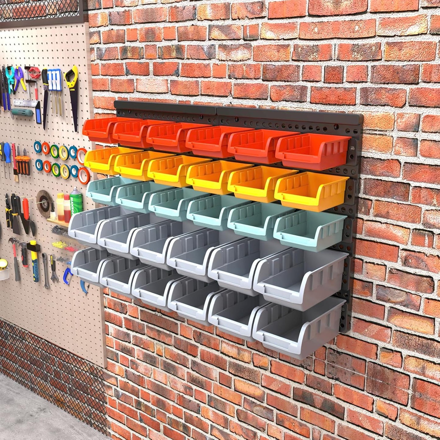 Wall Mounted Storage Bins Parts Rack 4 Colors Bin Organizer Garage Plastic Shop Tool, Garage Organizers and Storage (Style-Serene) 25.2"*16.2"