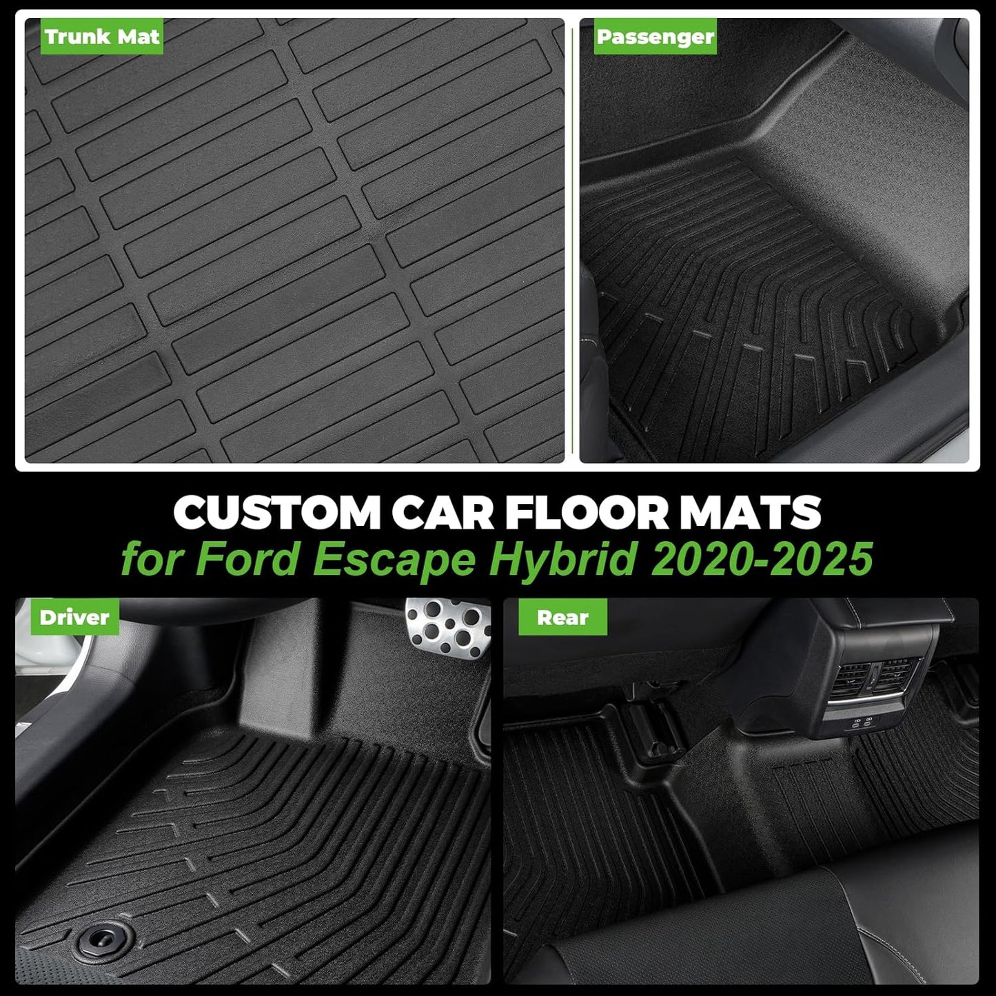 Floor Mats & Cargo Liner Set Custom Fit for Ford Escape Hybrid 2020-2025 All Weather Protection for Car Mats Anti-Slip TPE Odorless Floor Liners Ford Escape Hybrid Accessories Waterproof Trunk Mat