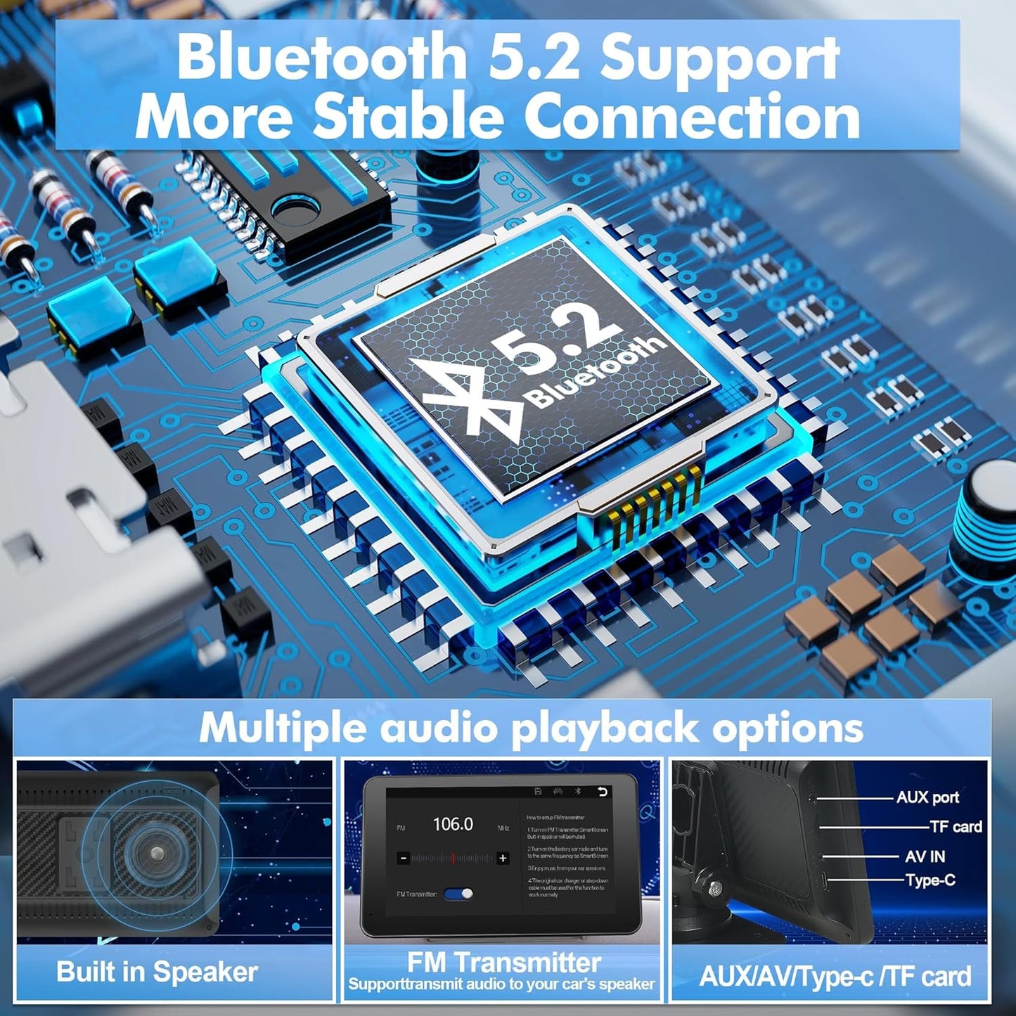 【Hieha】 2025 Wireless Portable Carplay and Android Auto, Carplay Screen for Car with Mirror Link/AUX/FM,7" Touchscreen Bluetooth 5.0, Marine Stereos for All Vehicles