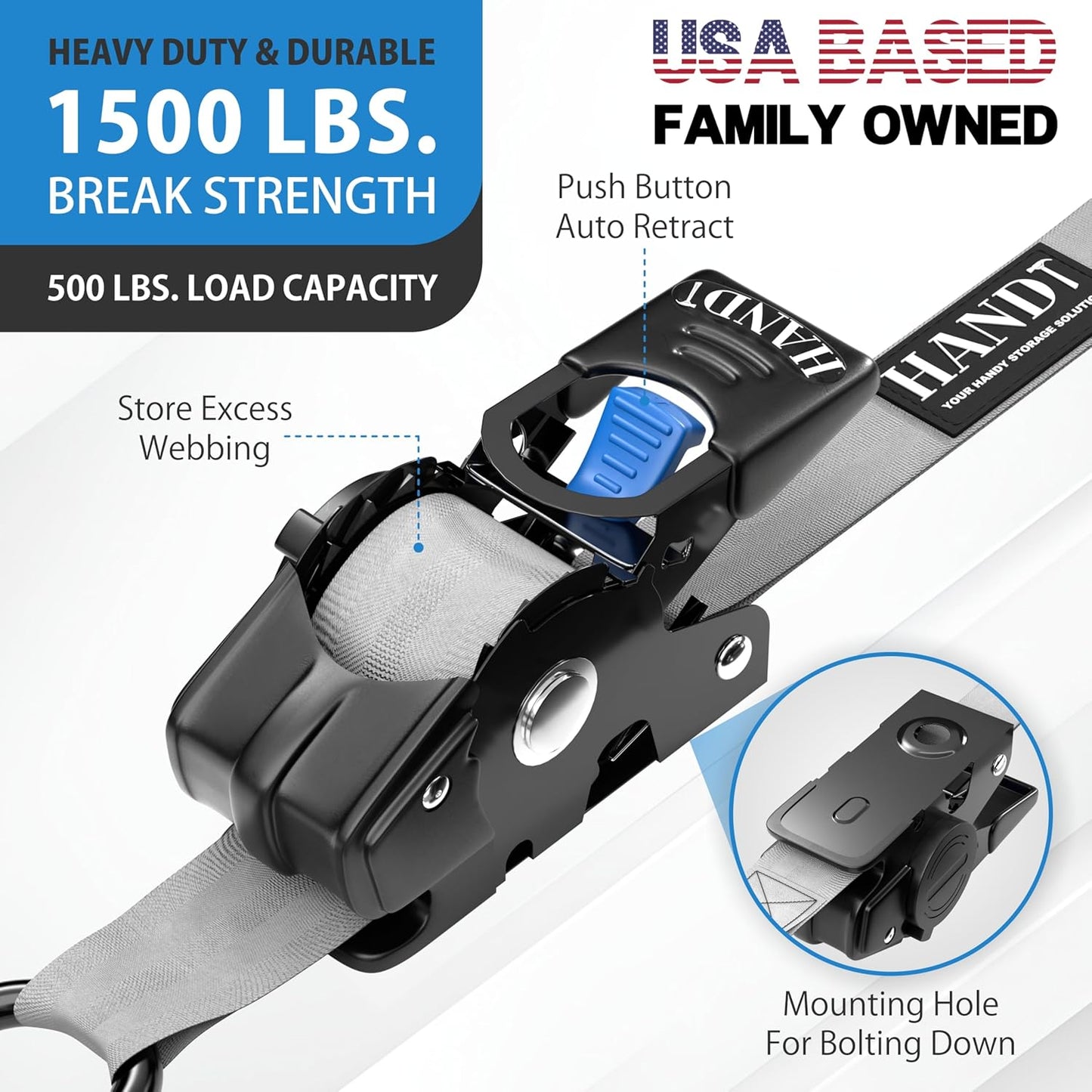 HandT USA Based Retractable Ratchet Straps (2PK) 1in x 6ft - 1,500lb Break Strength, Heavy Duty Automatic Ratchet Straps Self Retractable Tie Down, Push Button Retracting Truck Trailer Cargo | Gray