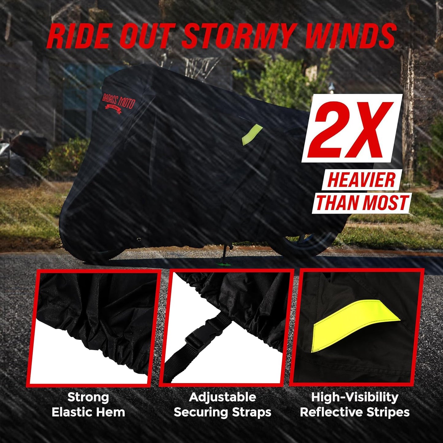 Badass Moto - Extra Large Motorcycle Cover Waterproof Outdoor, Heavy Duty, for Harley Davidson, Night Reflective (108” Full Dressers,Tourers) X-Large