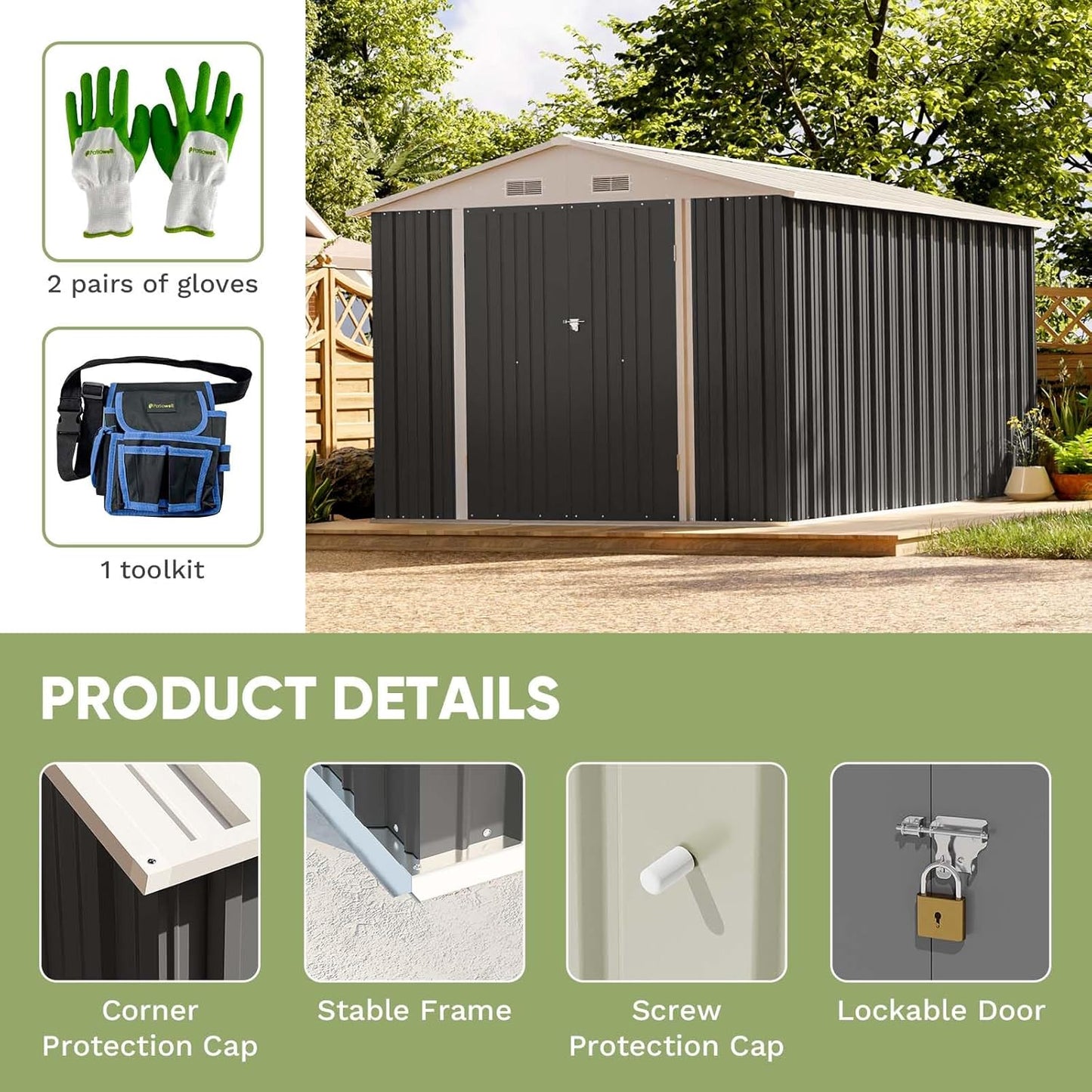 Patiowell 8 x 12 FT Metal Storage Shed for Outdoor, Steel Yard Shed with Design of Lockable Doors, Utility and Tool Storage for Garden, Backyard, Patio, Outside Use, Grey