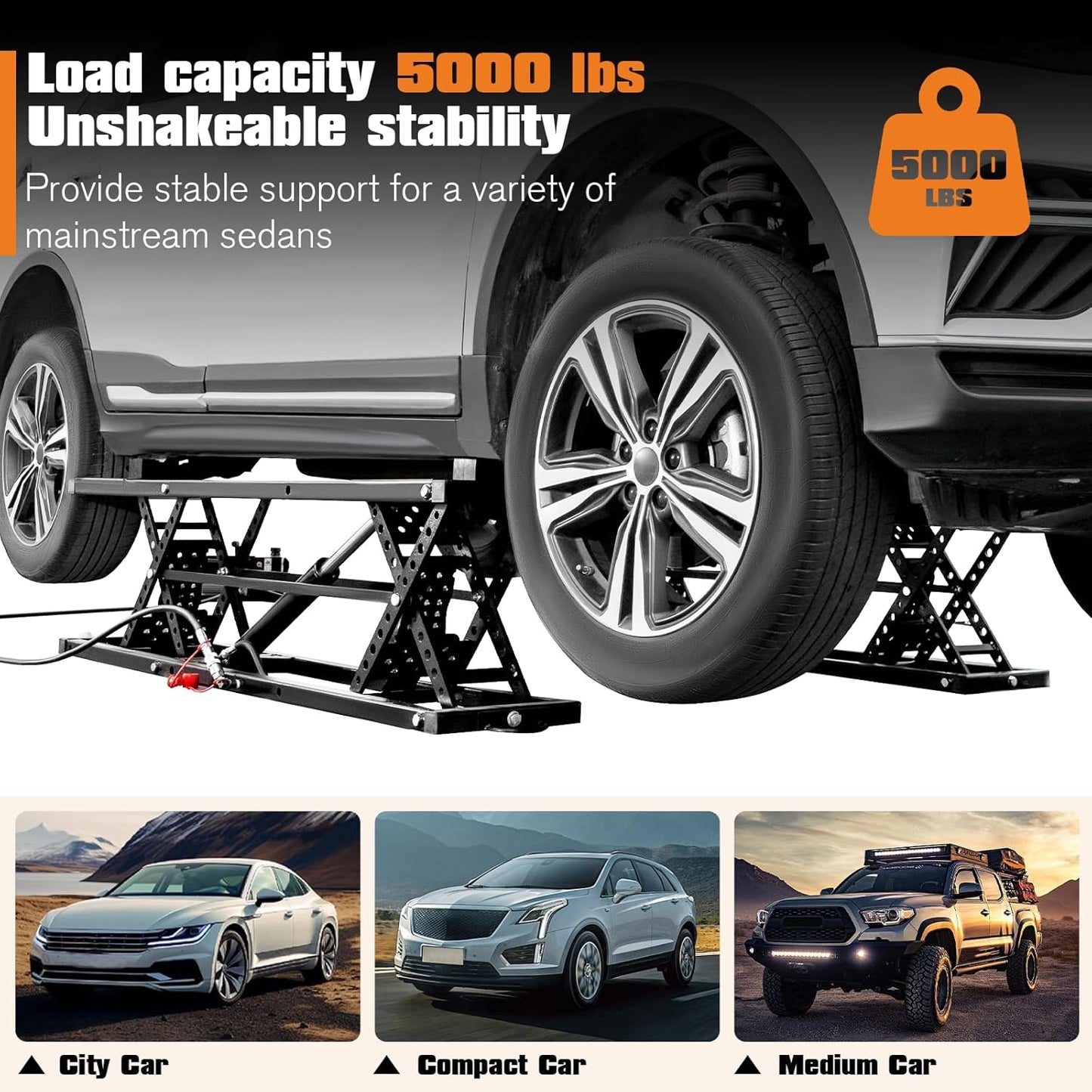 Albott 5000 LBS Portable Car Lift, Adjustable Quick Jack with 26" Max Height, Locking Levers, Foldable Design & Wheels, Scissor Lift for Sedans in Garage or Shop, Black