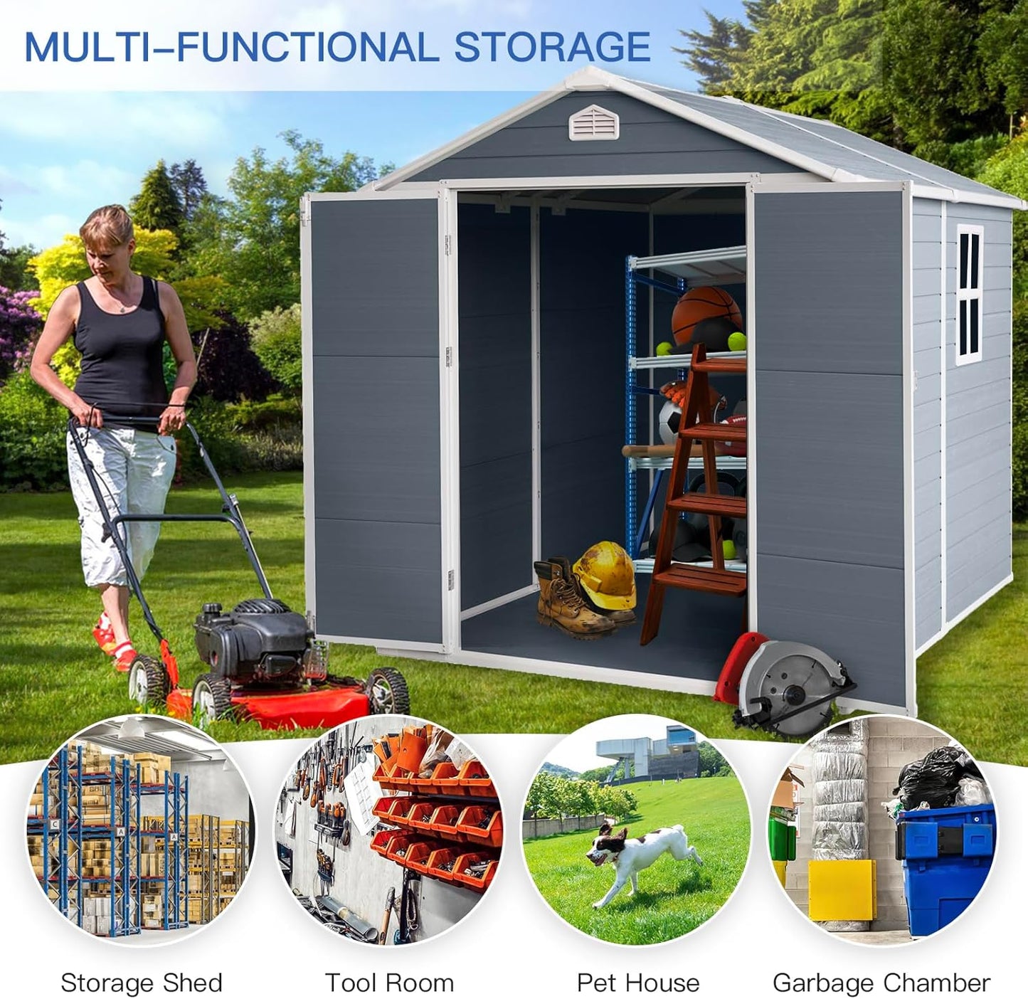 6x8 FT Outdoor Storage Shed, Resin Garden Shed with Thick Floor, Plastic Storage Shed with Window, Waterproof Outside Tool Shed with Lockable Hinged Doors for Backyard, Patio, Lawn, Light Gray