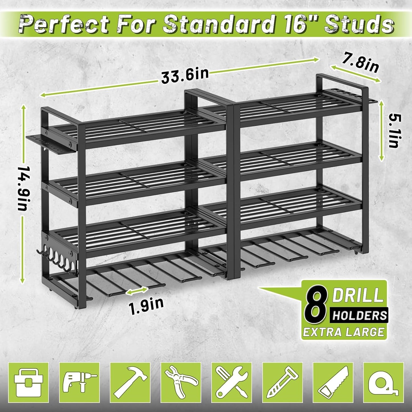 Power Tool Organizer Wall Mount,4 Layers Capacity Heavy Duty Metal Storage Rack with 8 Drill Holders for Drills Cordless Tools,Garage Organizer Suitable Workshop Basement
