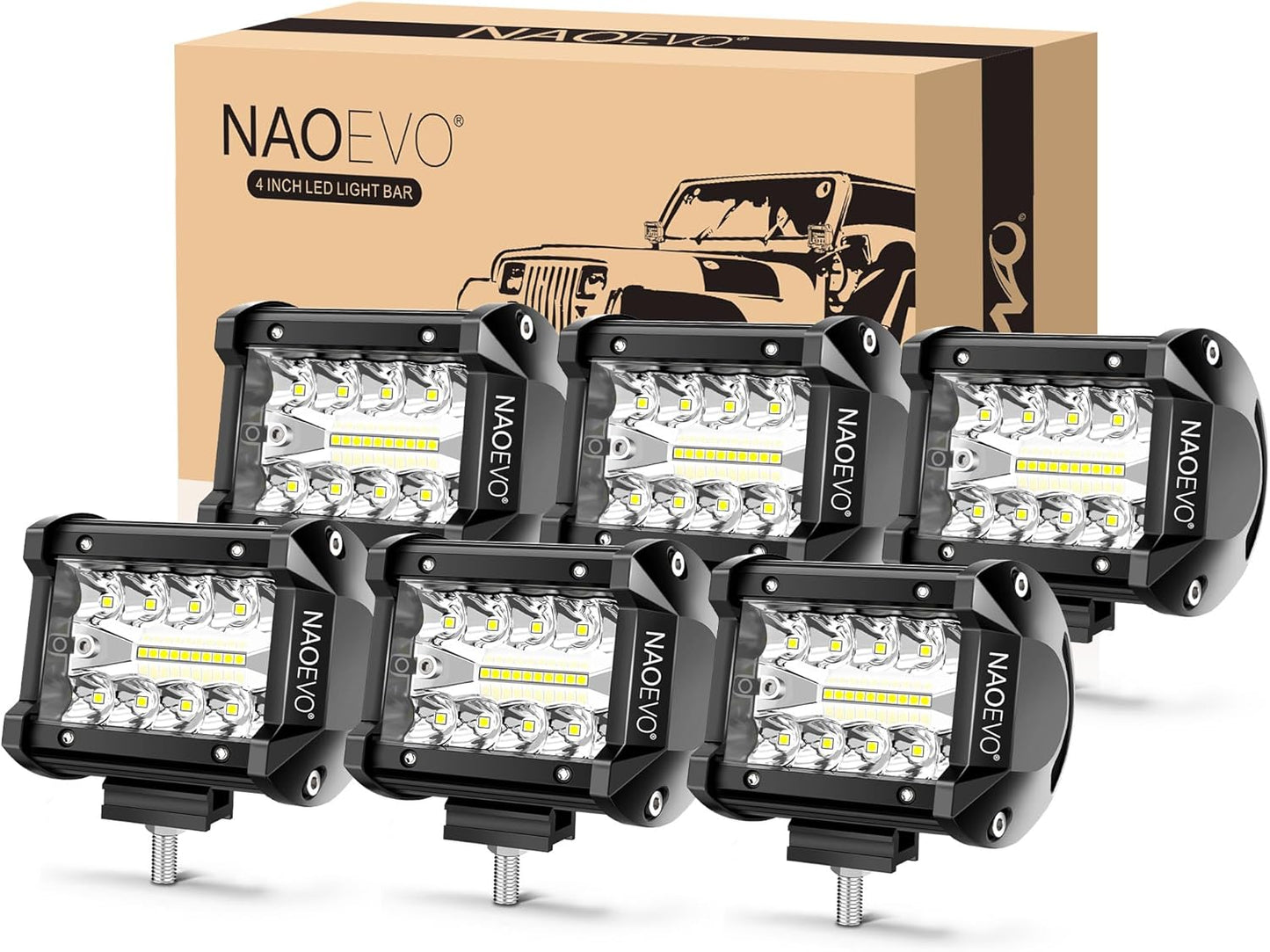 NAOEVO 4 Inch LED Pod Lights, 360W 36,000LM LED Fog/Driving/Off Road Lights with Spot Flood Combo, Cube Pods for Truck Boat ATV UTV Pickup, 6 Pcs (White)