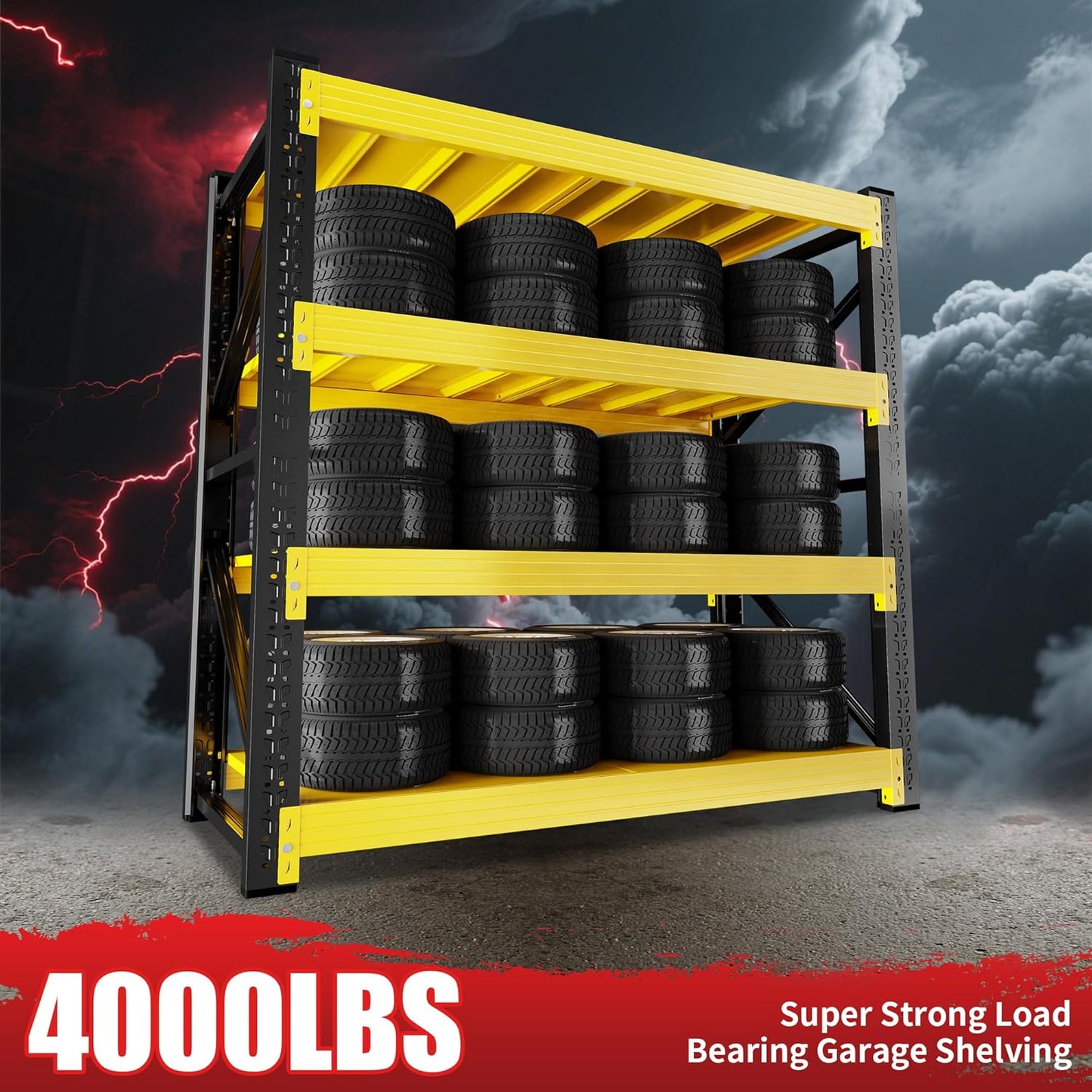 4000LBS Garage Shelving 48" W Garage Shelving Heavy Duty 4-Tier Metal Storage Shelves Adjustable Shelf Unit Storage Rack for Basement Supermarket Warehouse 48" W x 20" D x 78" H Yellow