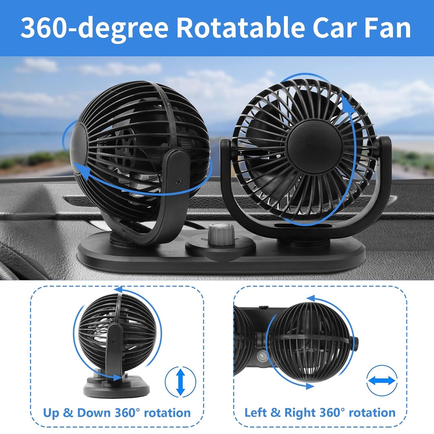 12V Car Fans Cooling Air Fan Powerful Dashboard Electric Dual Car Fan Cigarette Lighter Low Noise 360 Degree Rotatable for Truck Vehicle Boat Van SUV RV