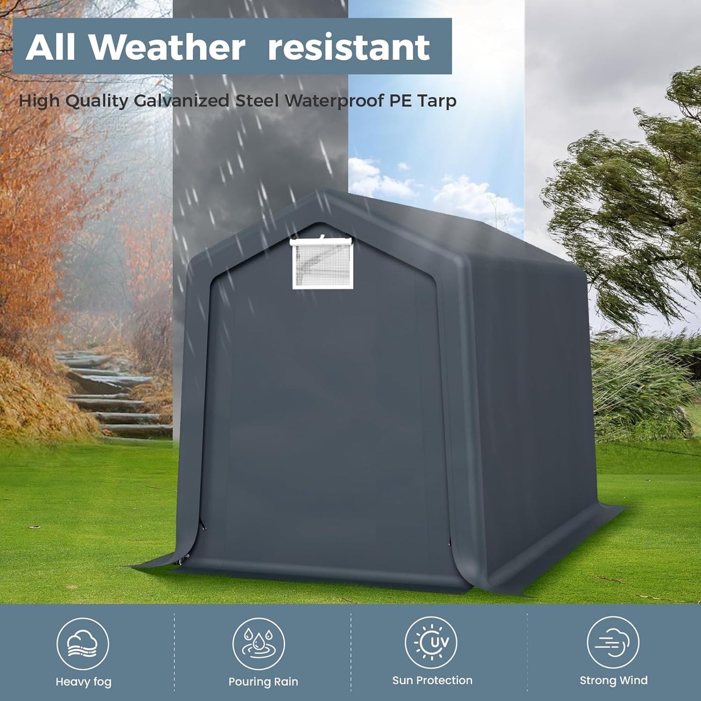 GREEN PARTY Storage Shelter Shed, 6x10 ft Portable Shed Outdoor Carport with Roll-up Zipper Door & Vents, Outdoor Storage Shed Portable Garage for Motorcycle, Bike, Waterproof & UV Protected, Gray