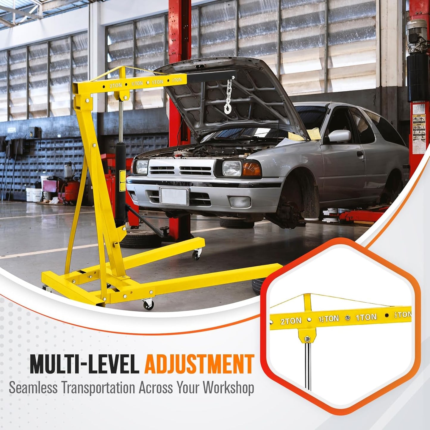 2 Ton Hydraulic Engine Hoist with Lever Stabilizer , Cherry Picker Engine Hoist, 4400LBS Heavy Duty Garage Crane with 6 Swivel Casters & Adjustable Telescopic Boom, for Auto Repair & Workshop (Yellow)