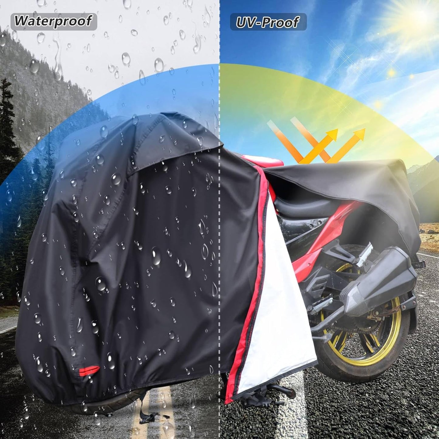 Motorcycle Cover,Waterproof Zipper Outdoor Cover for All Seasons Windproof, High Heat Resistance Dustproof and Rainproof Snowproof(Red Zipper XL Fits Up to 97 inch)