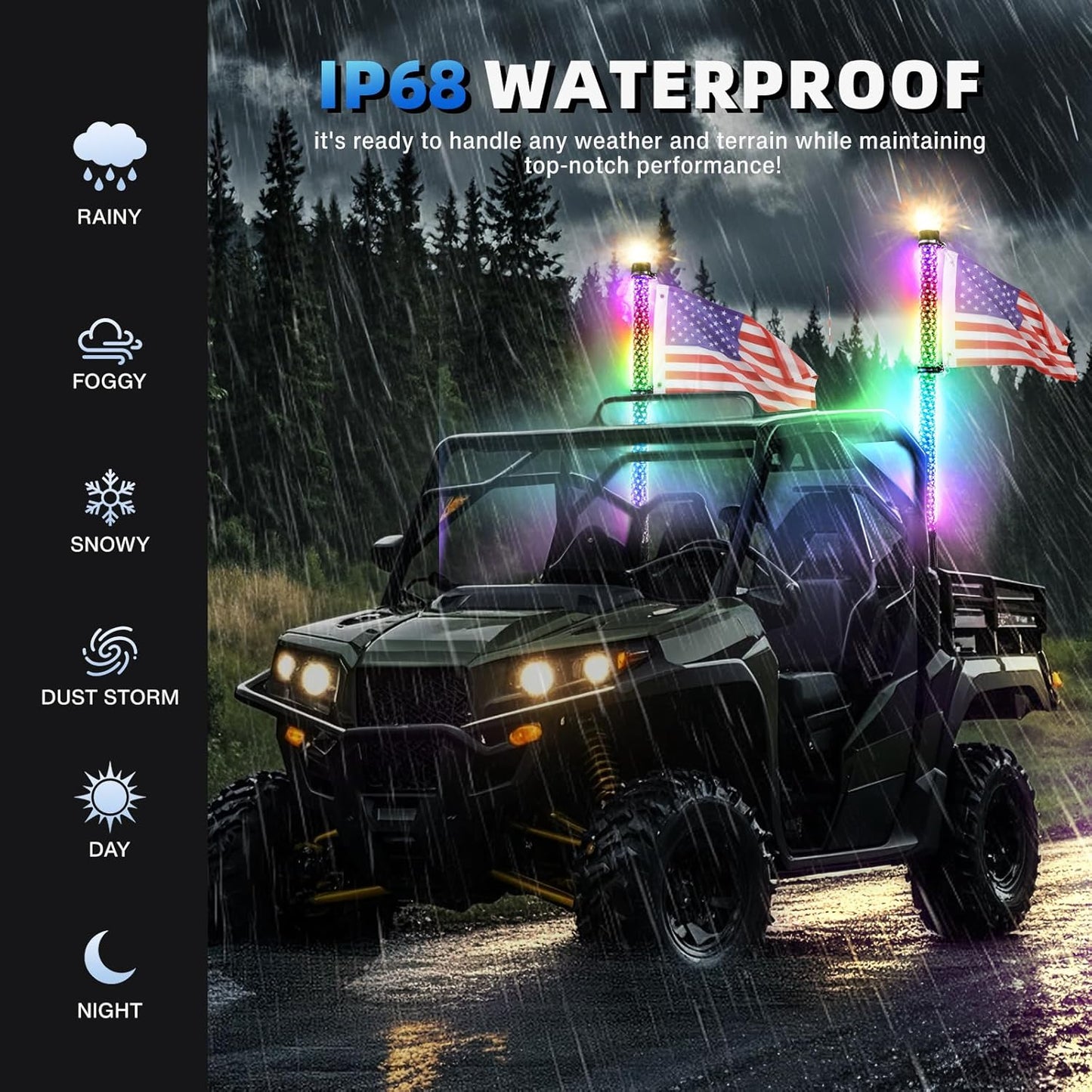 2Pack 3FT Fat Whip Lights,RGB Led Whip Lights for Side by Side with Strobe Light RGB Chasing Lighted Music Antenna Whips W/App & Remote Control for UTV ATV RZR Can-Am SXS Polaris Offroad Truck