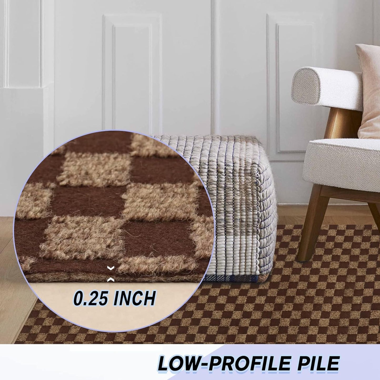 Custom Size Backed Non-Slip Area Rugs Runner, Easy Clean, Waterproof Runner Rugs for Hallway Entryway, Kitchen, Laundry, 3FT x 46FT, Brown Checkered