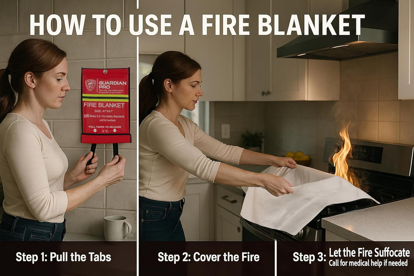 Emergency Fire Blanket for Home and Kitchen - 47"x47" - Must Have Fire Protection - Fire Suppression Fiberglass Fire Blankets for House Camping Car Office Emergency Survival Safety (4 Pack)