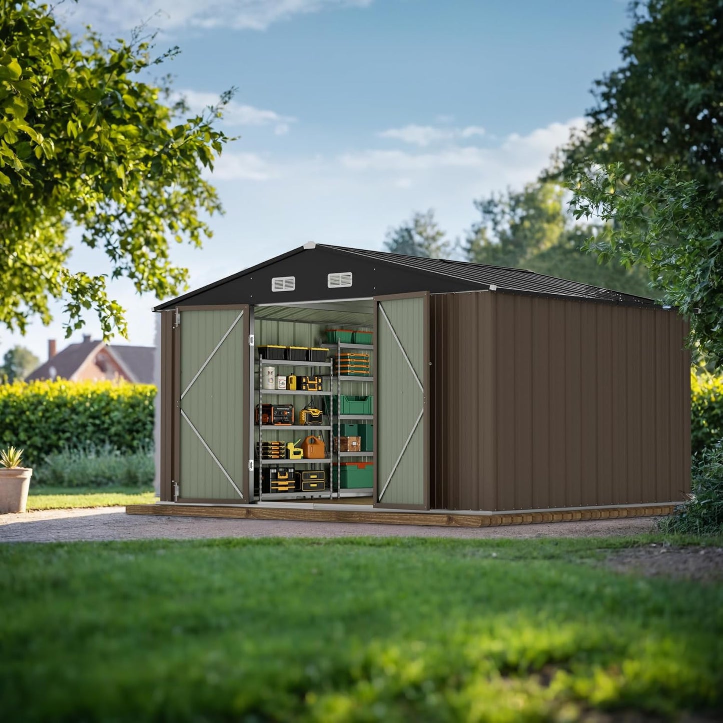 JUMMICO 8 x 10 FT Outdoor Storage Shed, Large Metal Garden Shed & Tool Sheds for Backyard Garden Patio Lawn (Brown)