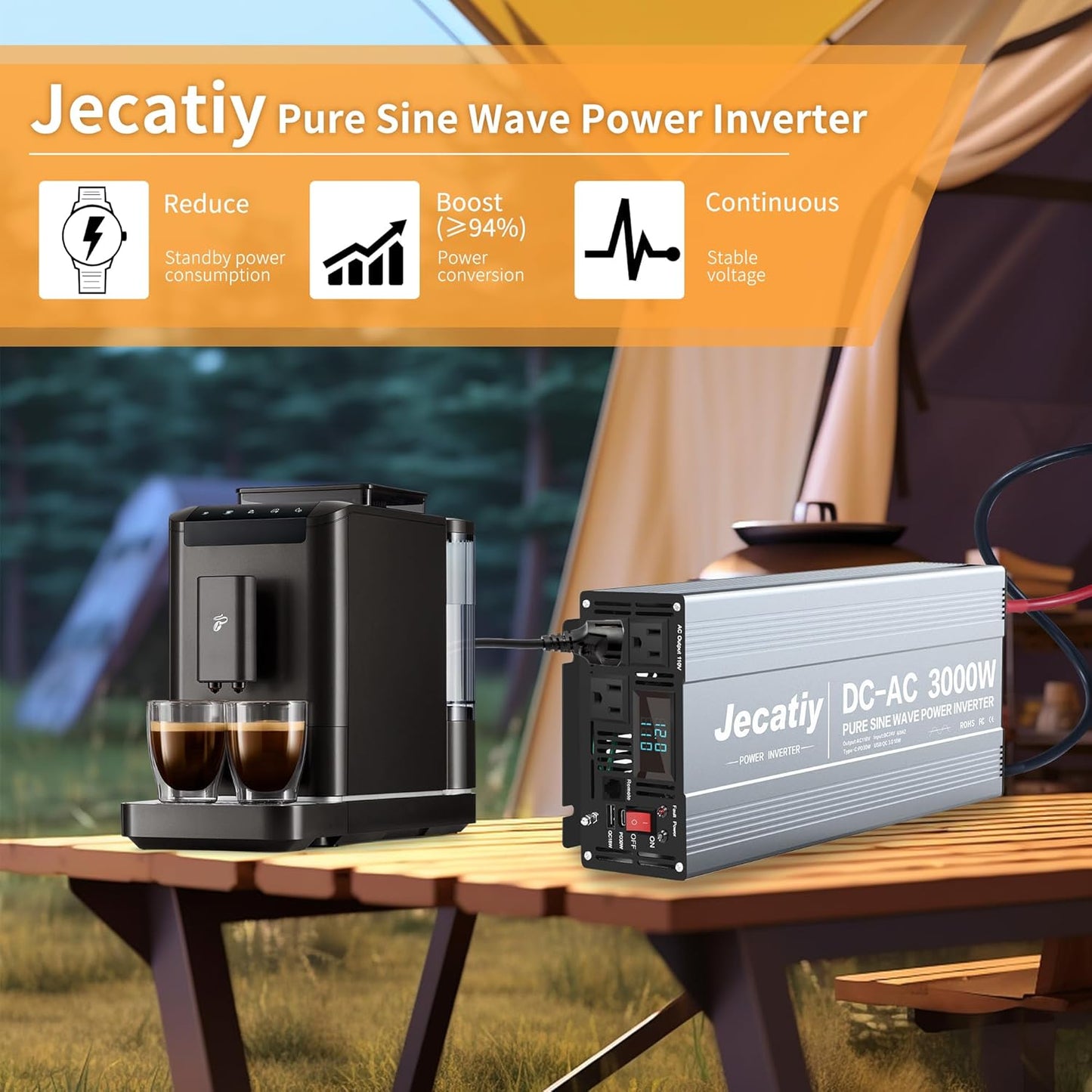 3000 Watt Pure Sine Wave Power Inverter DC 24V to 110V/120V AC Converter with 3 AC,18W USB, and 30W Type-C Charging Ports, Car Solar Power Inverters with LCD Display for Home RV Truck