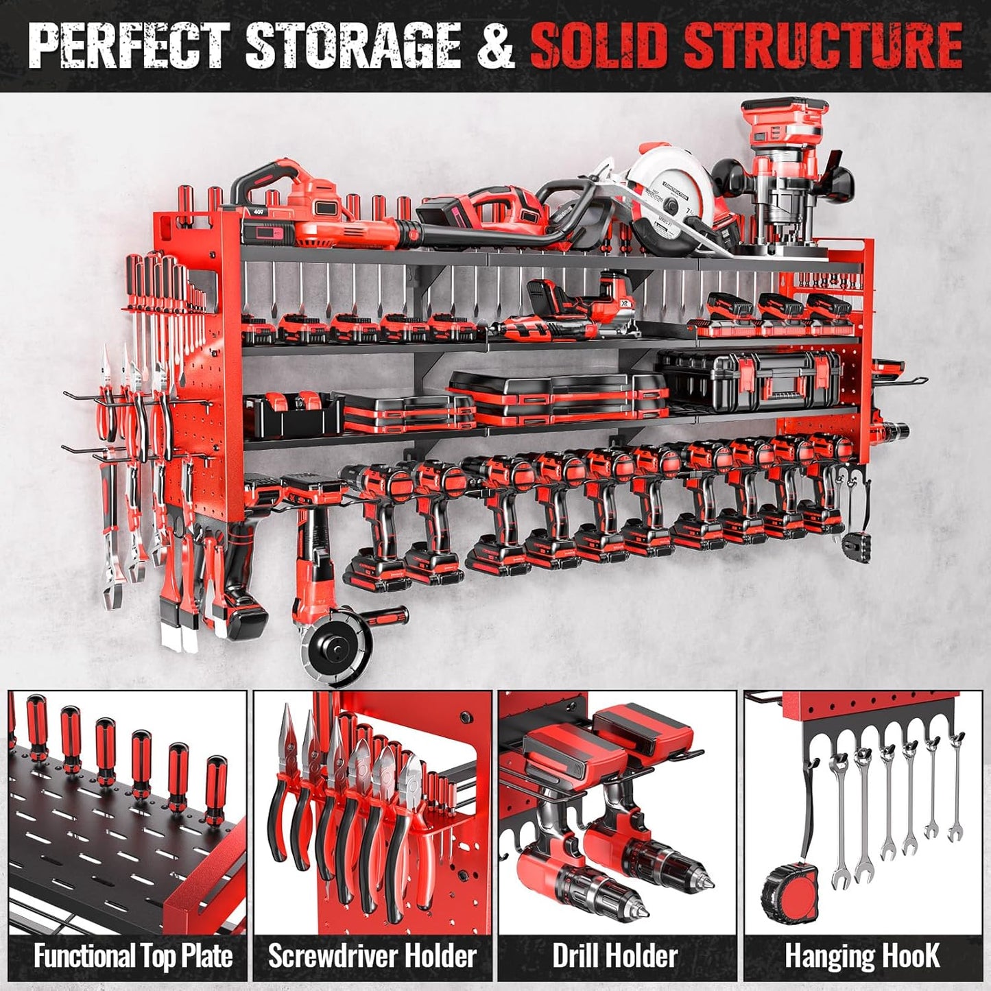 49.8" W Large Power Tool Organizer Wall Mount, Heavy Duty Tool Organizer with 14 cordless Drill Holder, 4 Layers Garage Organization and Storage Rack, Tool Rack for Garage Workshop, Red