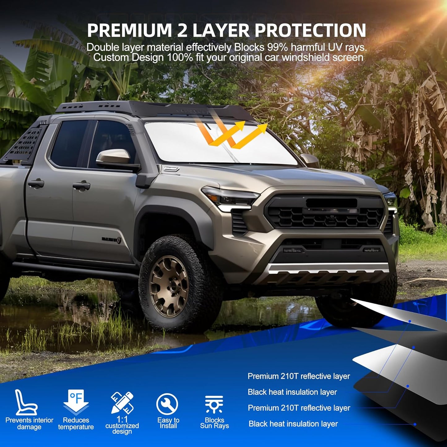 Windshield Sun Shade for Toyo-ta Tacoma 2016-2025 2026 Foldable Sunshade Custom Fit Front Window Car Interior Accessories Protector Blocks UV Rays