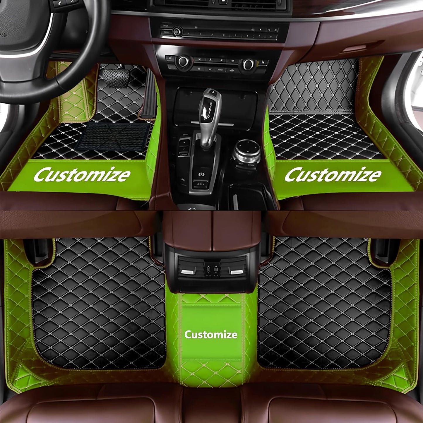 Custom Personalized Floor Mats for Cars，Luxury Full Coverage All Car Floor Mats，Anti-Slip Leather Car Mat Set ，Custom Floor Mats for 99% of Cars, Trucks & SUVs. (Apple Green and Black)