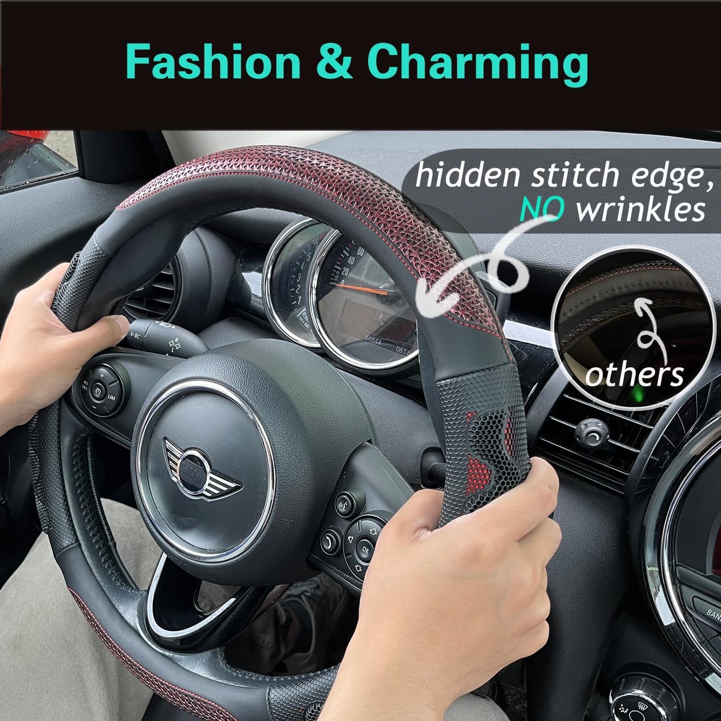 PINCTROT Large Size Steering Wheel Cover Great Grip with 3D Honeycomb Anti-Slip Design, 15.5-15.75 Inch (Wine Red)