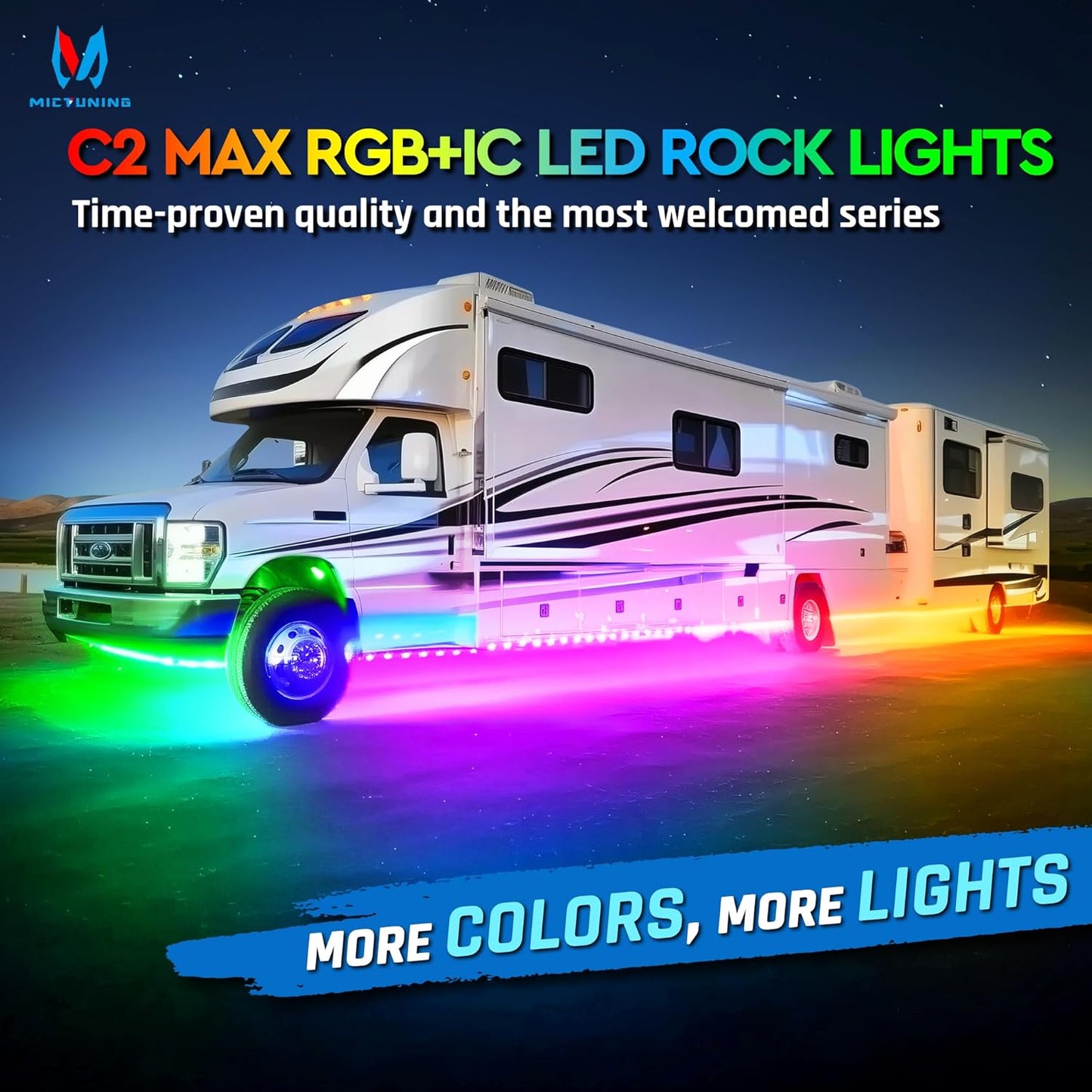MICTUNING C2 MAX RGB+IC LED Rock Light with White Housing - 8 Pods Chasing Color Underglow Lights Kit, Dynamic Lighting Modes, APP Control, IP68 Waterproof, DIY Effect, Up to 24pods Extensible