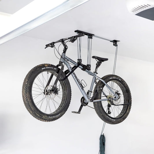 StoreYourBoard Bike Hoist, No-Slip Bicycle Ceiling Storage, Heavy-Duty Garage Pulley Lift System, Road, MTB, Fat Tire, Ebike Hanger