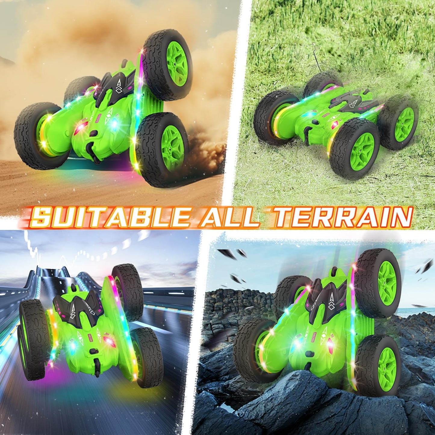 Remote Control Car, Rc Cars Stunt RC Car Toys Upgraded Strip Lights and Headlights Kids Toys Double-Sided 360° Rotating 4WD Drift Truck for Boys Girls Birthday Gift (Green)