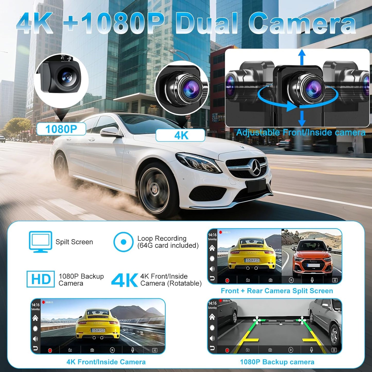 Carplay Screen for Car,10.26" HD Car Stereo for Apple Carplay & Android Auto -with Rotatable 4K Dash Cam & HD Backup Camera, Dual Front/Inside Recording, GPS Navigator for Cars,Trucks