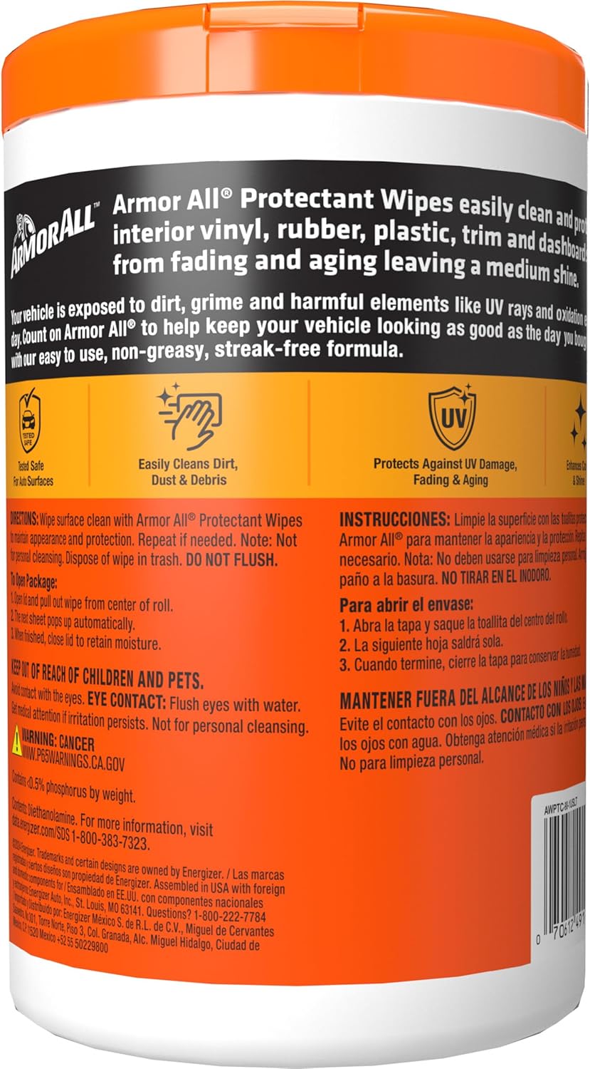 Armor All Car Interior Protectant Wipes, 90 Count Canister, UV Protectant for Vinyl, Rubber, Plastic, Trim and Dashboards